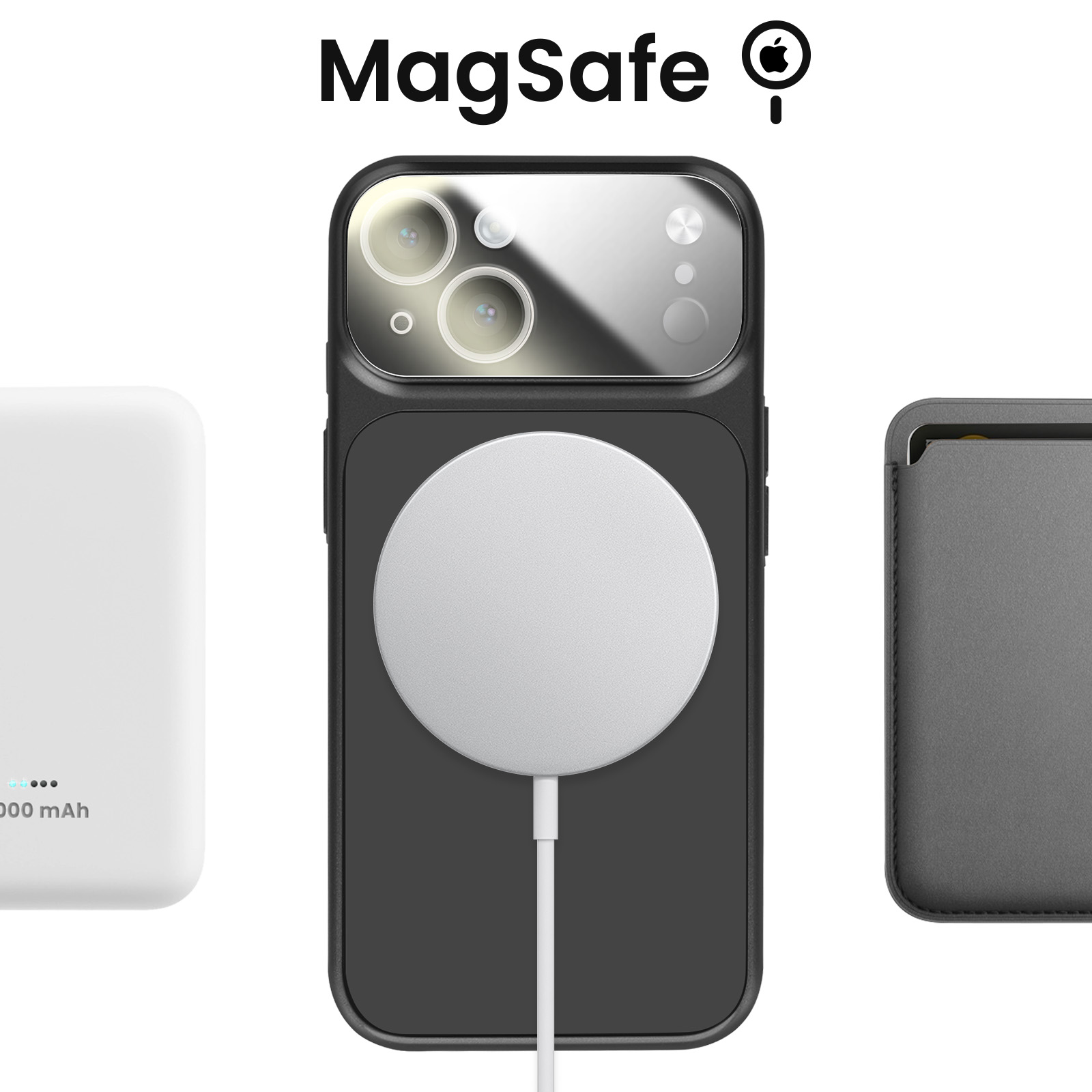 Logo MagSafe, batterie externe blanche, téléphone noir avec chargeur MagSafe, porte-cartes gris.