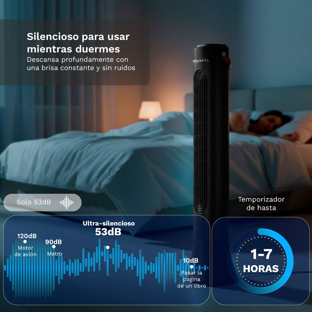Un elegante ventilador de torre junto a una cama donde duerme una persona.