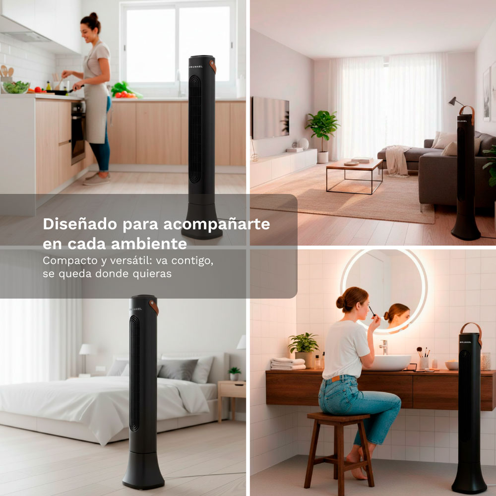 Un ventilador de torre delgado se muestra en varias habitaciones: cocina, sala, dormitorio, baño.