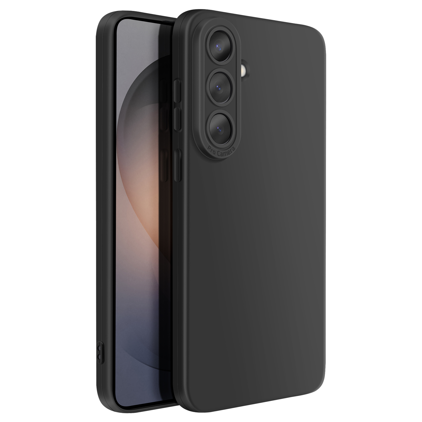 Smartphone noir avec triple appareil photo et étui sur fond blanc.
