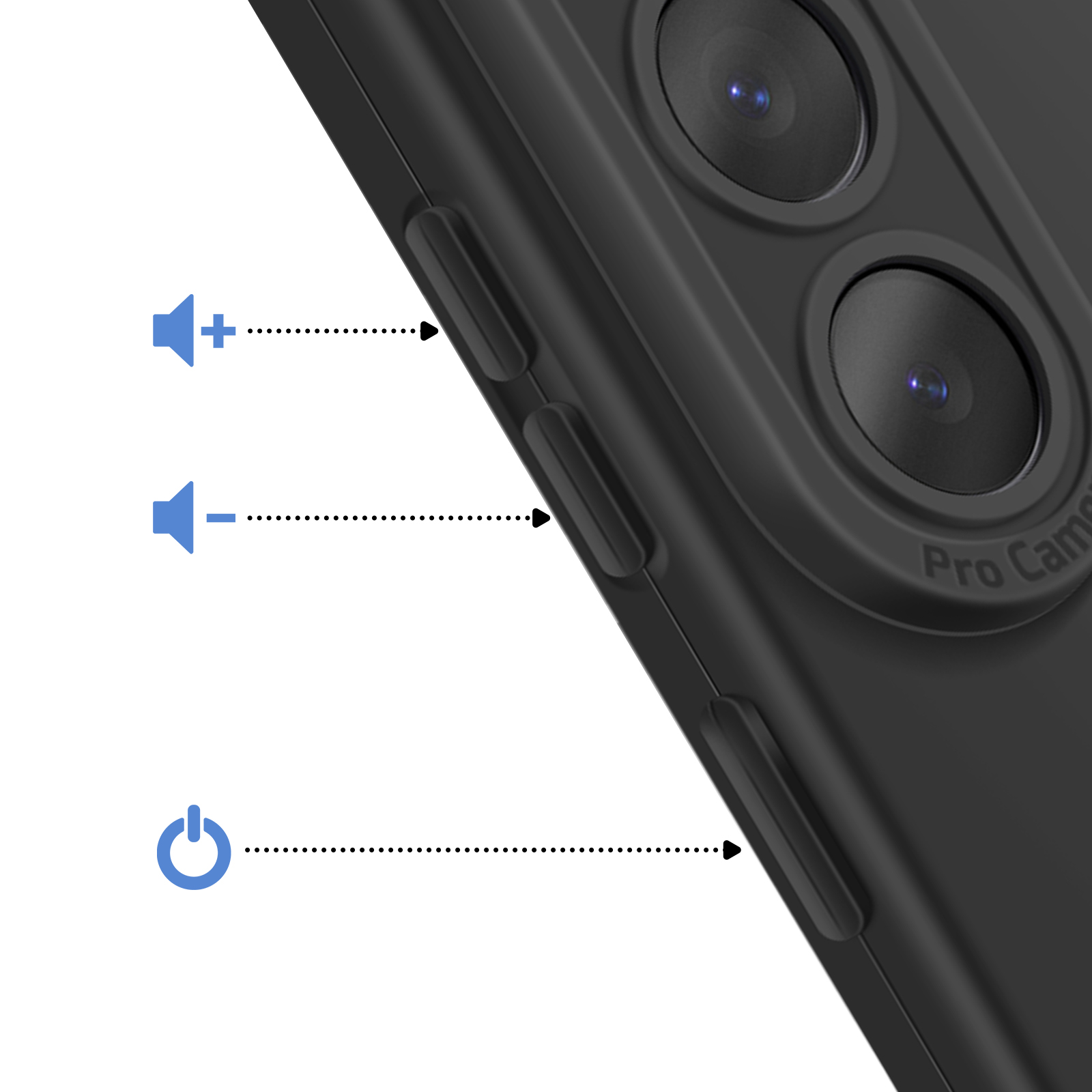 Téléphone noir avec boutons volume et alimentation. Caméras en haut.