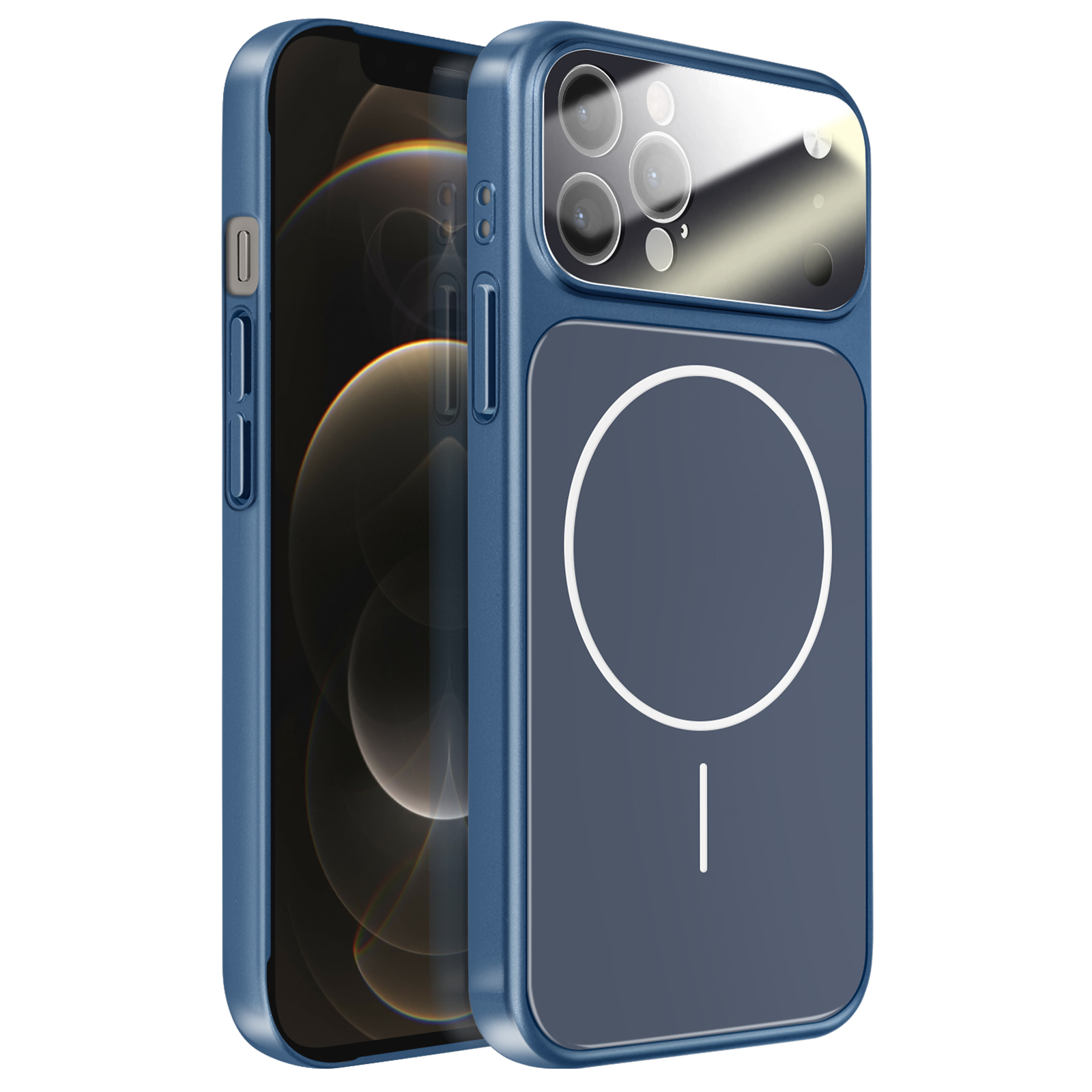 Blauwe telefoonhoes met camera-uitsparing en oplaadcirkel op witte achtergrond.