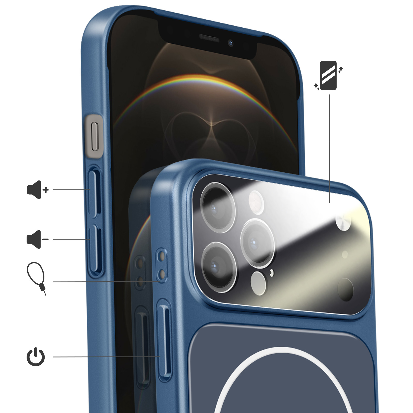 Blauwe telefoonhoes met cameralensdetail en iconen voor volume, aan/uit en camera.