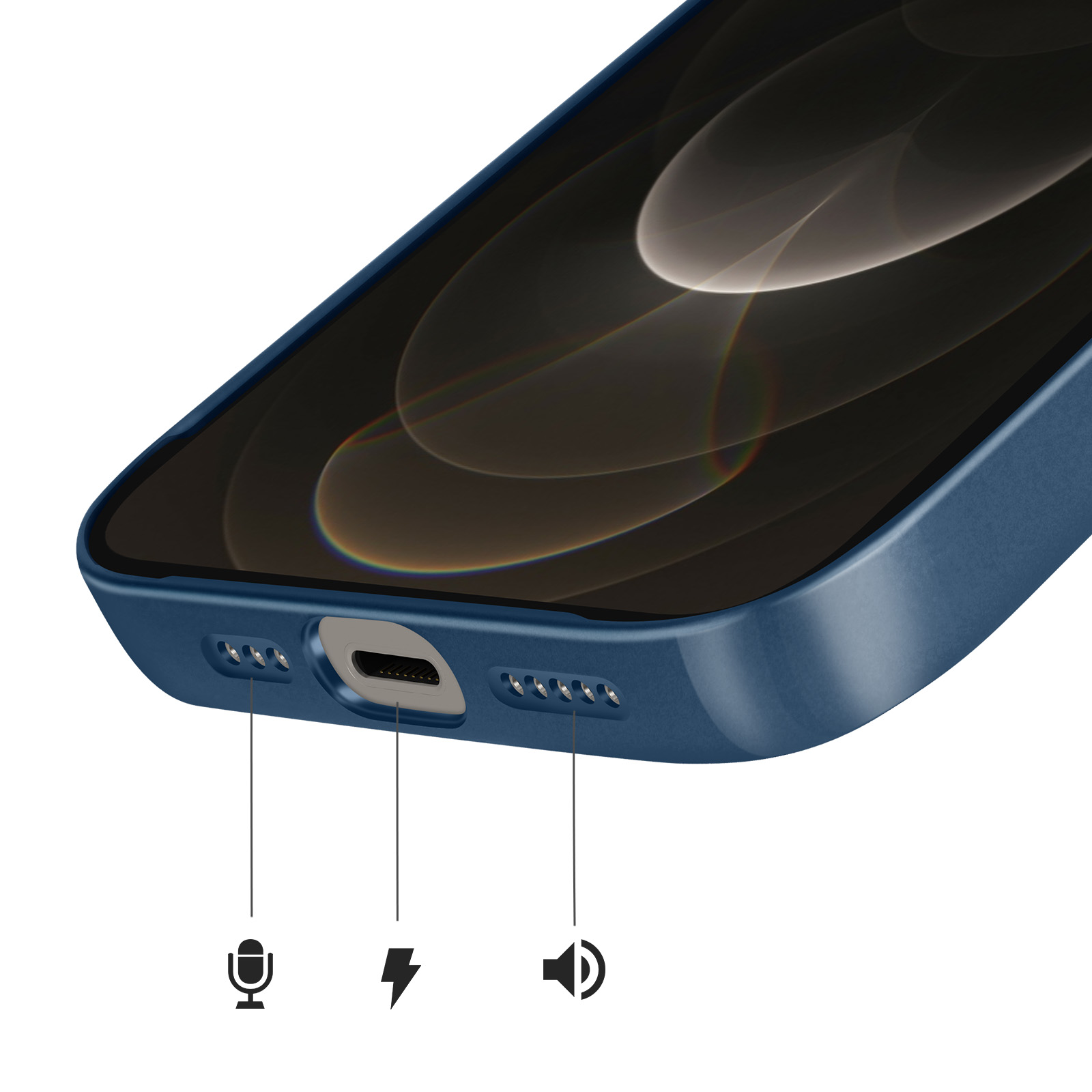 Close-up van de onderkant van een blauwe smartphone met oplaadpoort en luidsprekerroosters.