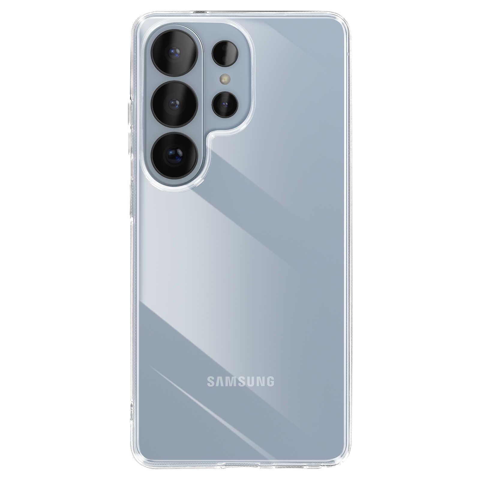 Custodia trasparente per telefono con obiettivi multipli e logo Samsung.
