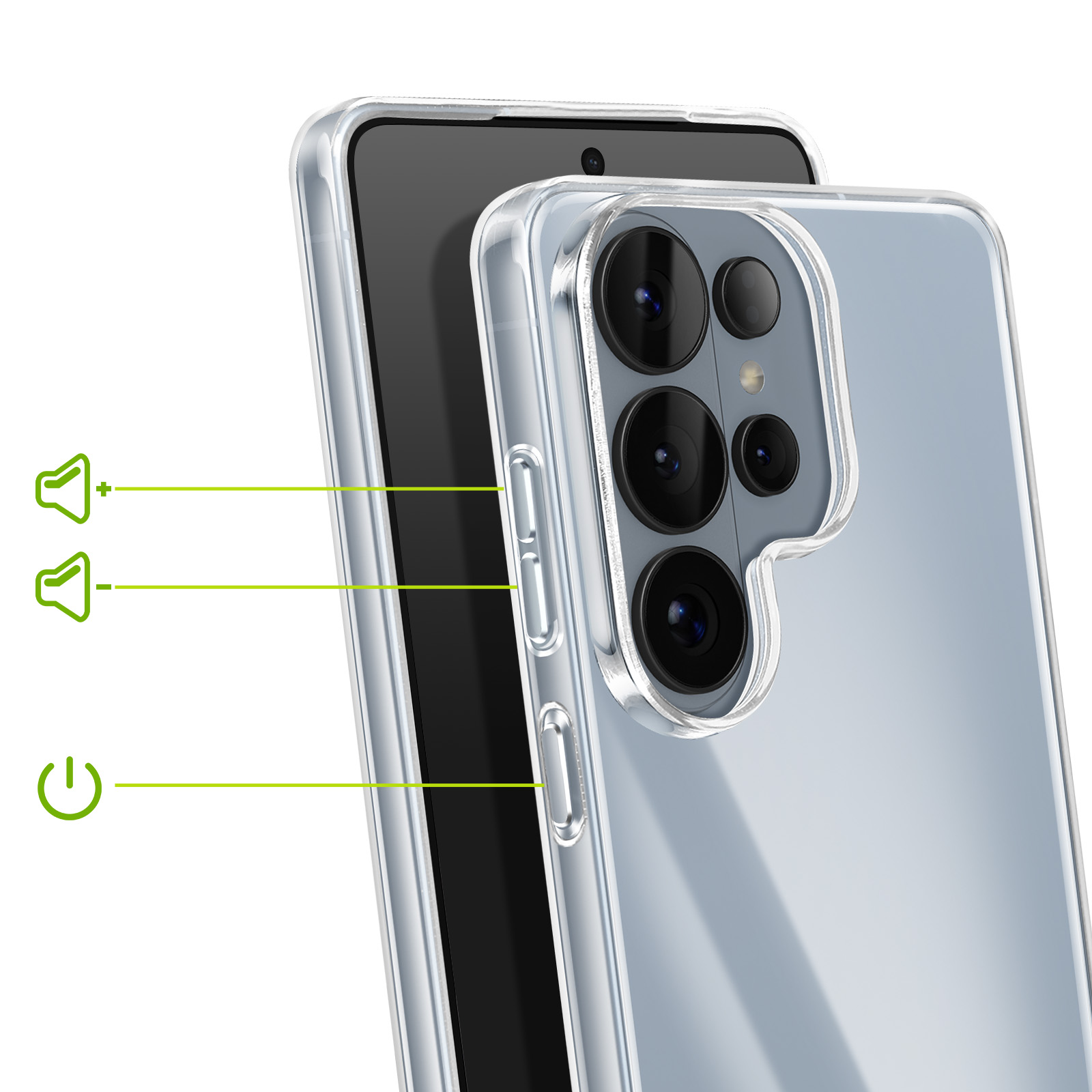 Una cover trasparente copre uno smartphone con più fotocamere.