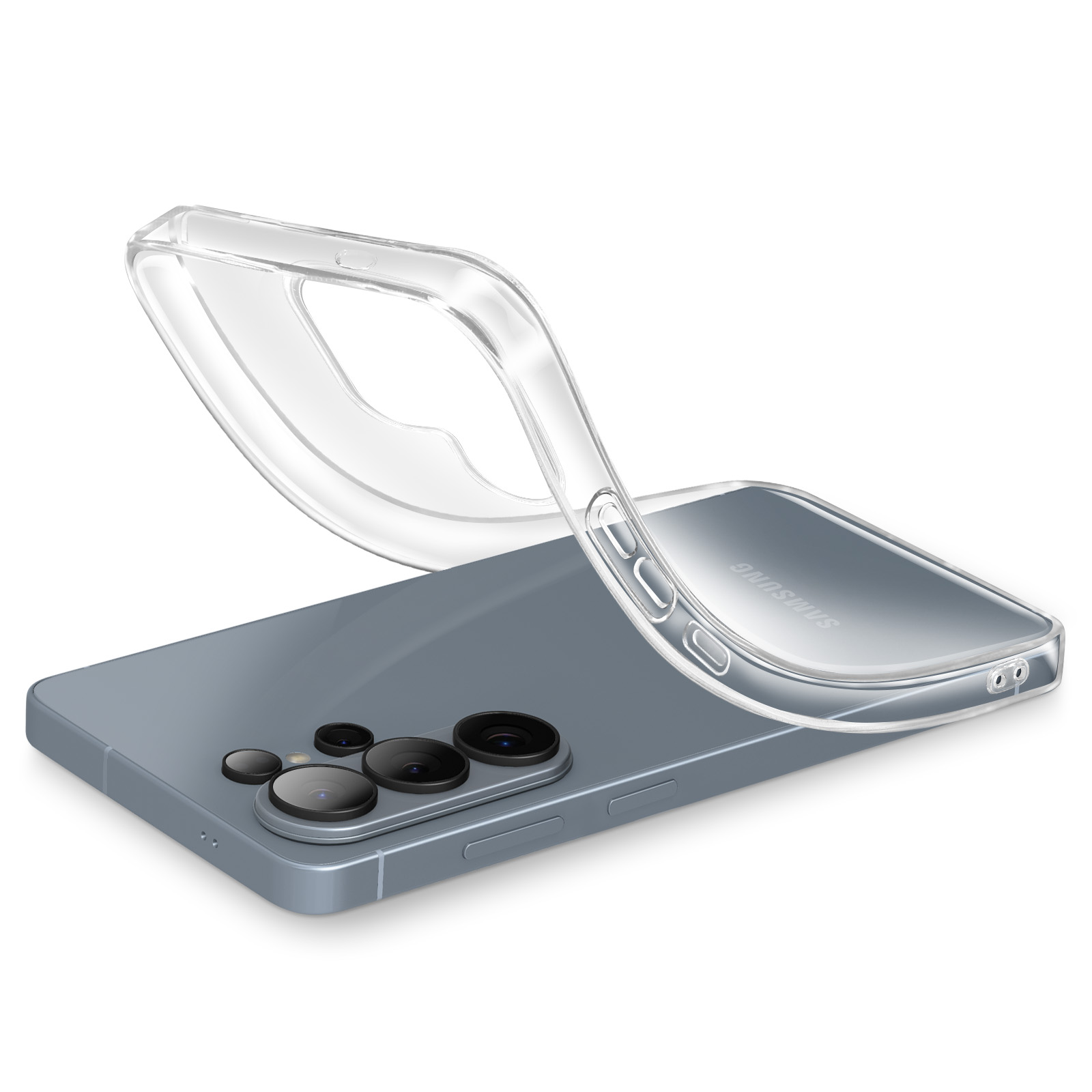 Una custodia trasparente su uno smartphone blu con modulo fotocamera.