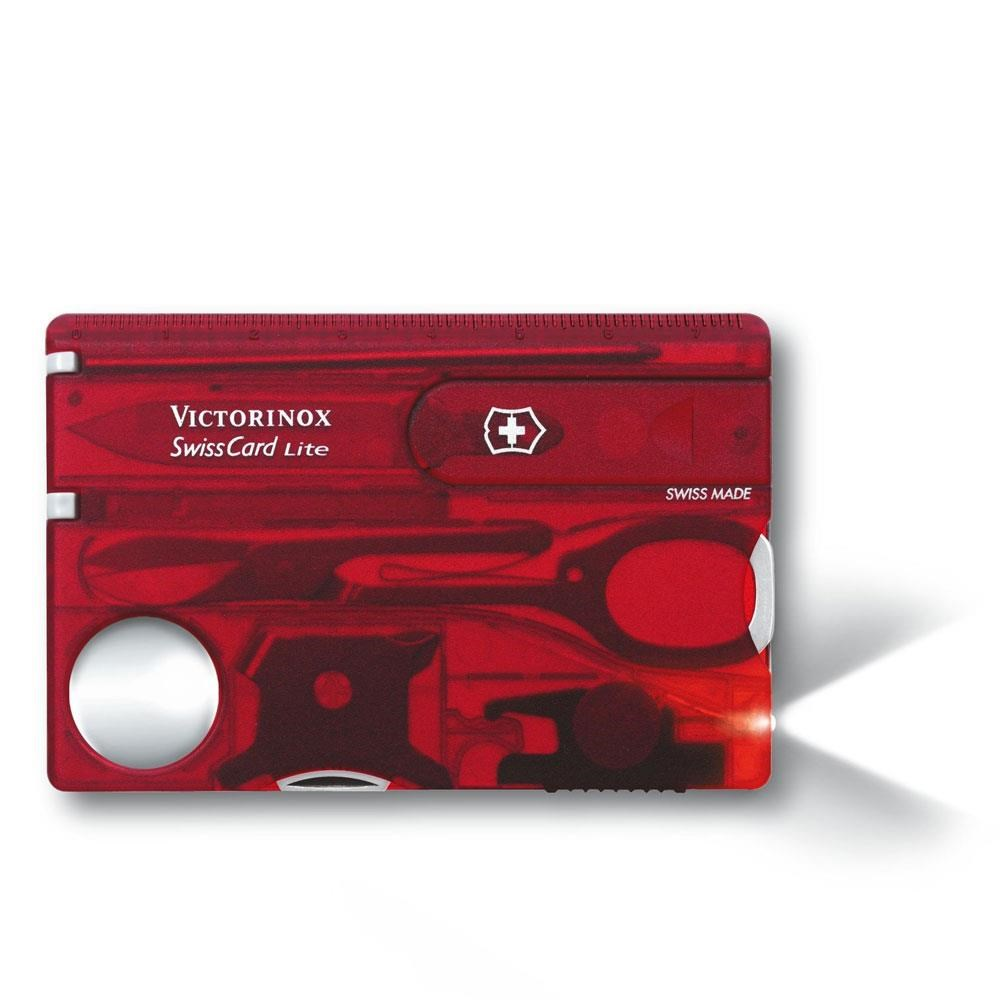 Kırmızı Victorinox SwissCard Lite çok amaçlı alet, büyüteç, bıçak ve ışık.