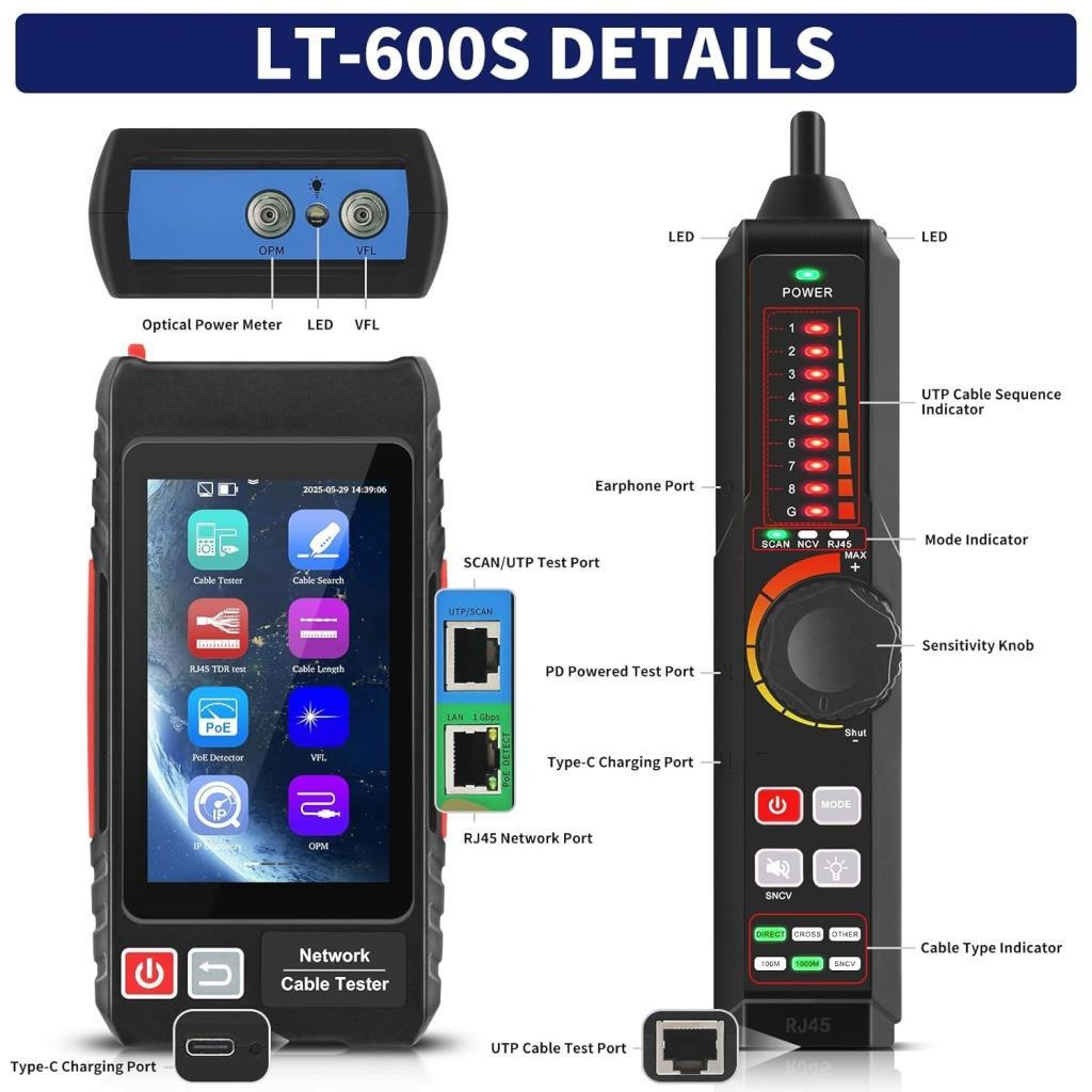 LT-600S ağ kablosu test cihazı, detaylı portlar ve göstergeler.
