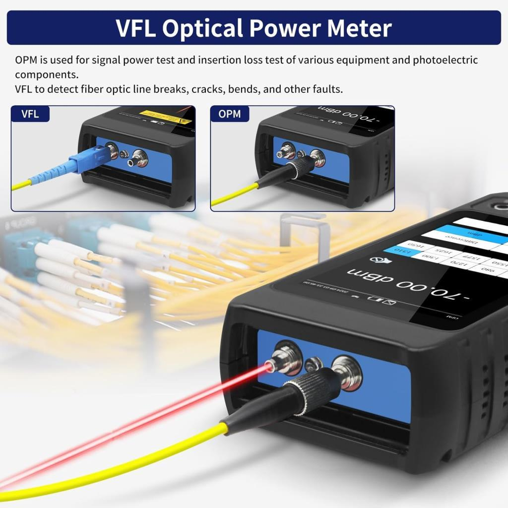 Fiber optik kablolara bağlı VFL ve OPM'li optik güç ölçer.