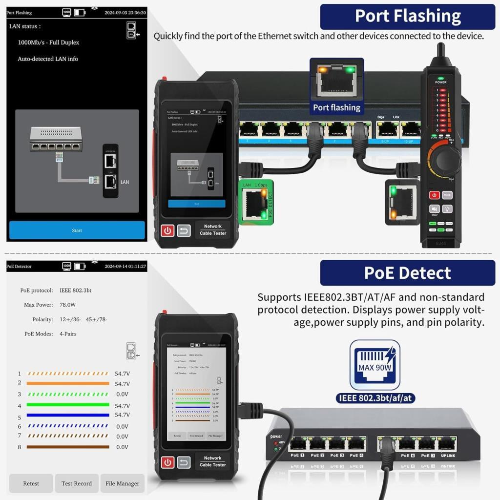 Ağ test cihazları Ethernet anahtarlar için port yanıp sönme ve PoE algılama gösterir.