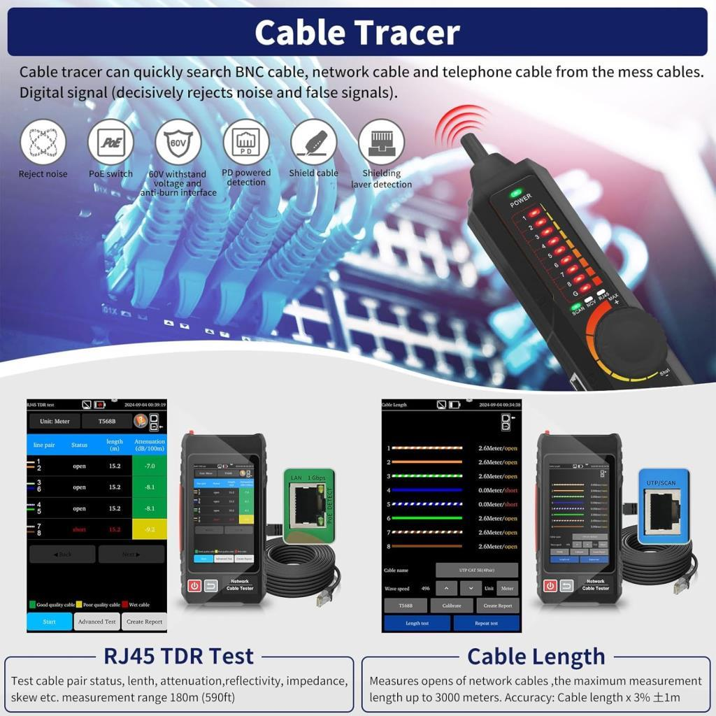 RJ45 TDR testli ve kablo uzunluğu ölçümlü bir kablo test cihazı.