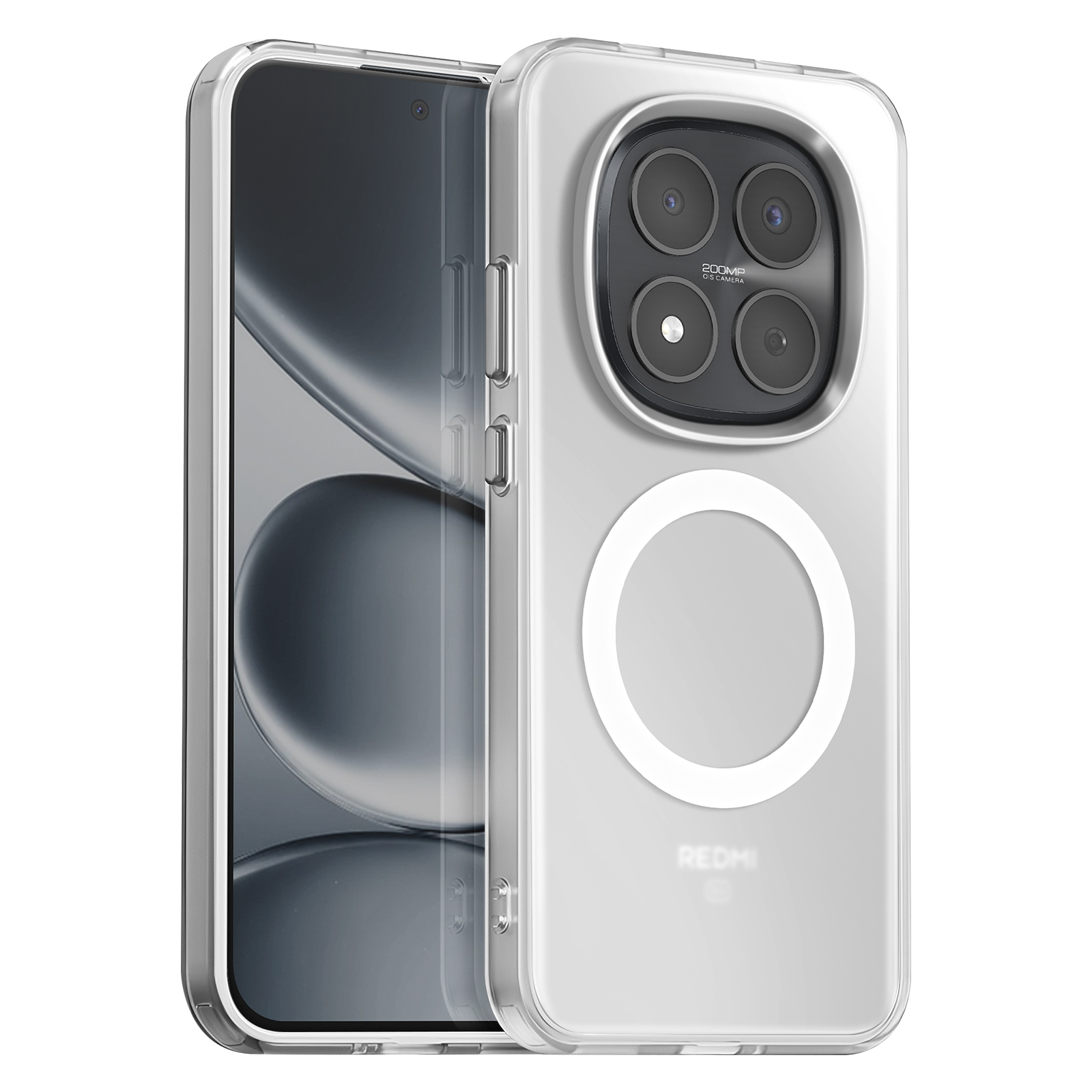 Doorzichtige telefoonhoes met quad camera en witte cirkel op witte achtergrond.