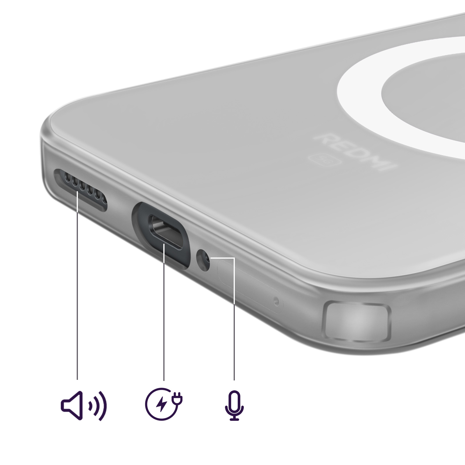 Doorzichtige telefoonhoes toont poorten: luidspreker, USB-C, koptelefoonaansluiting, microfoon.