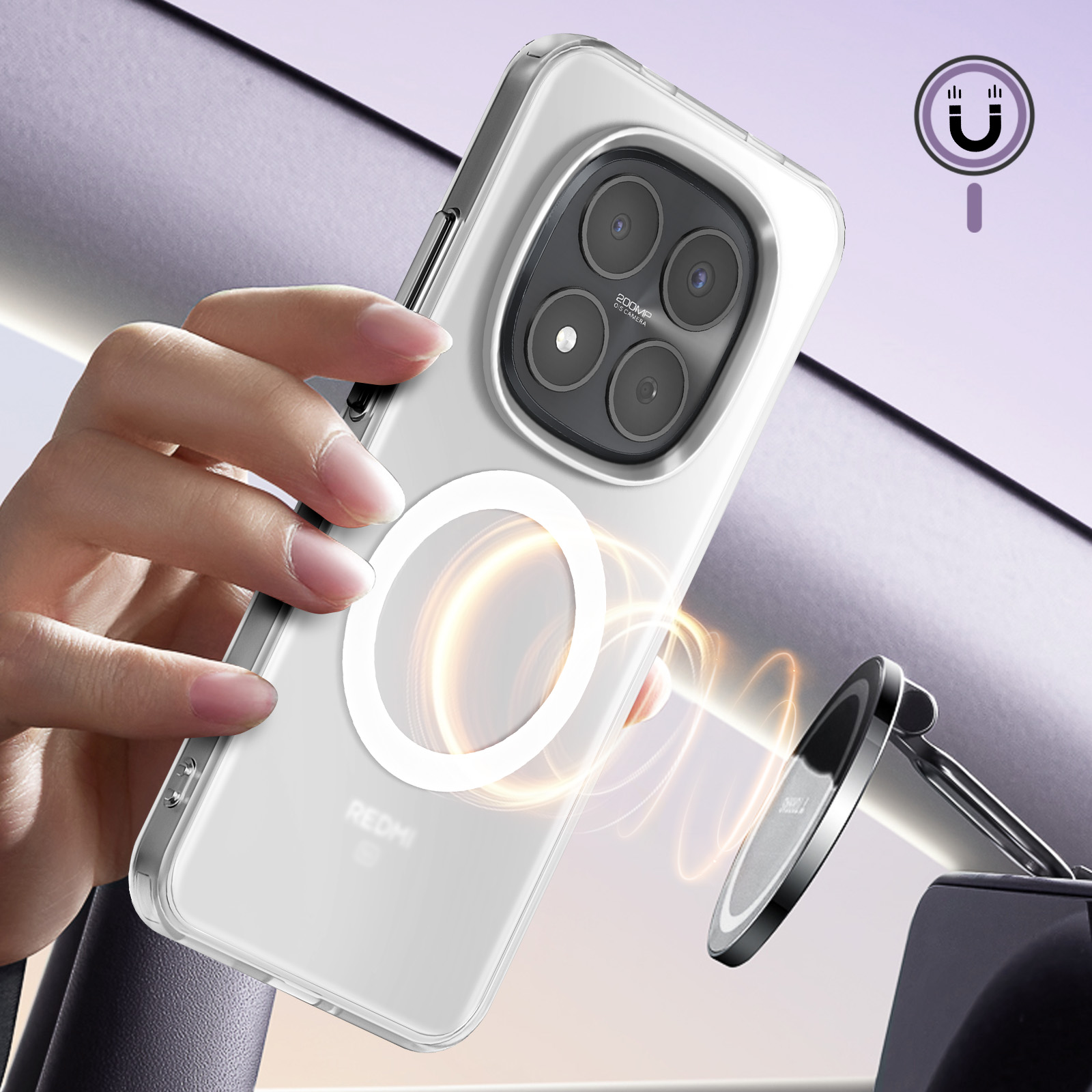 Hand houdt doorzichtige telefoon met MagSafe-ring bij autohouder.