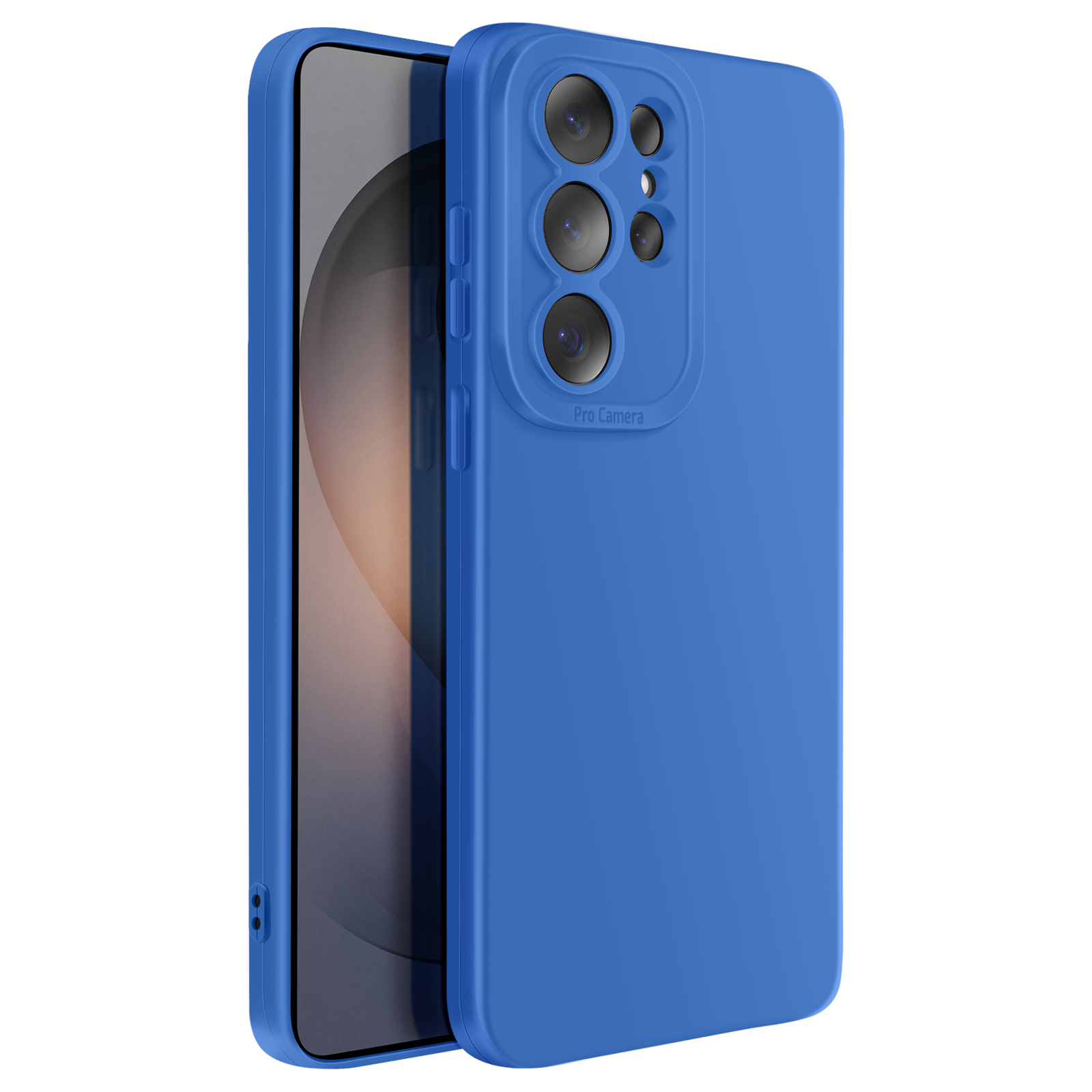 Een blauwe telefoonhoes met drie camera's, op een witte achtergrond.