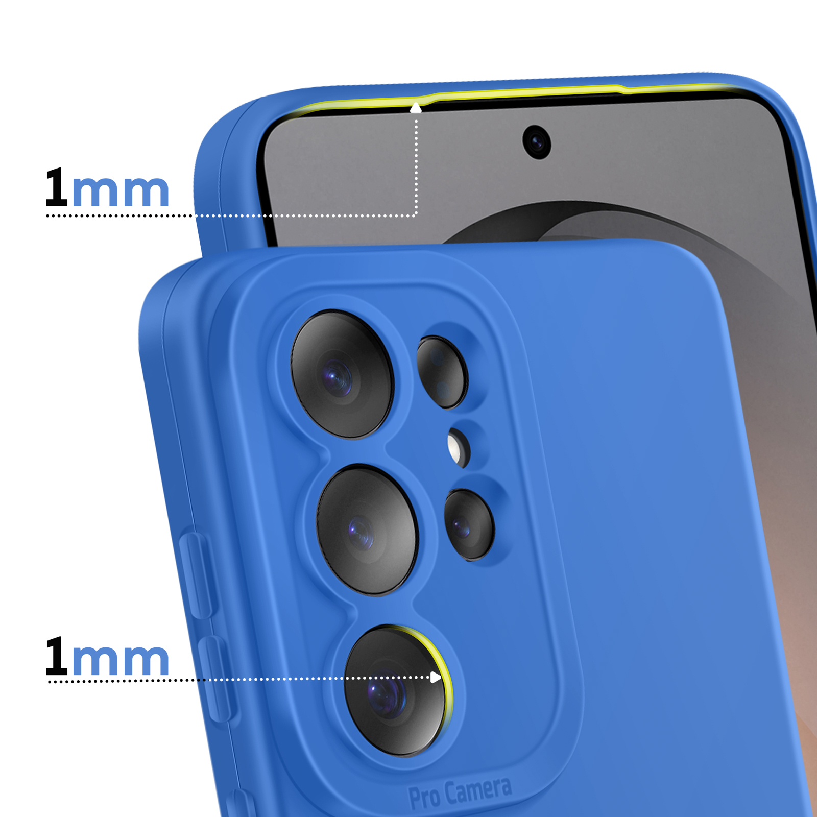 Blauw telefoonhoesje met 1mm verhoogde randen voor camera/scherm.