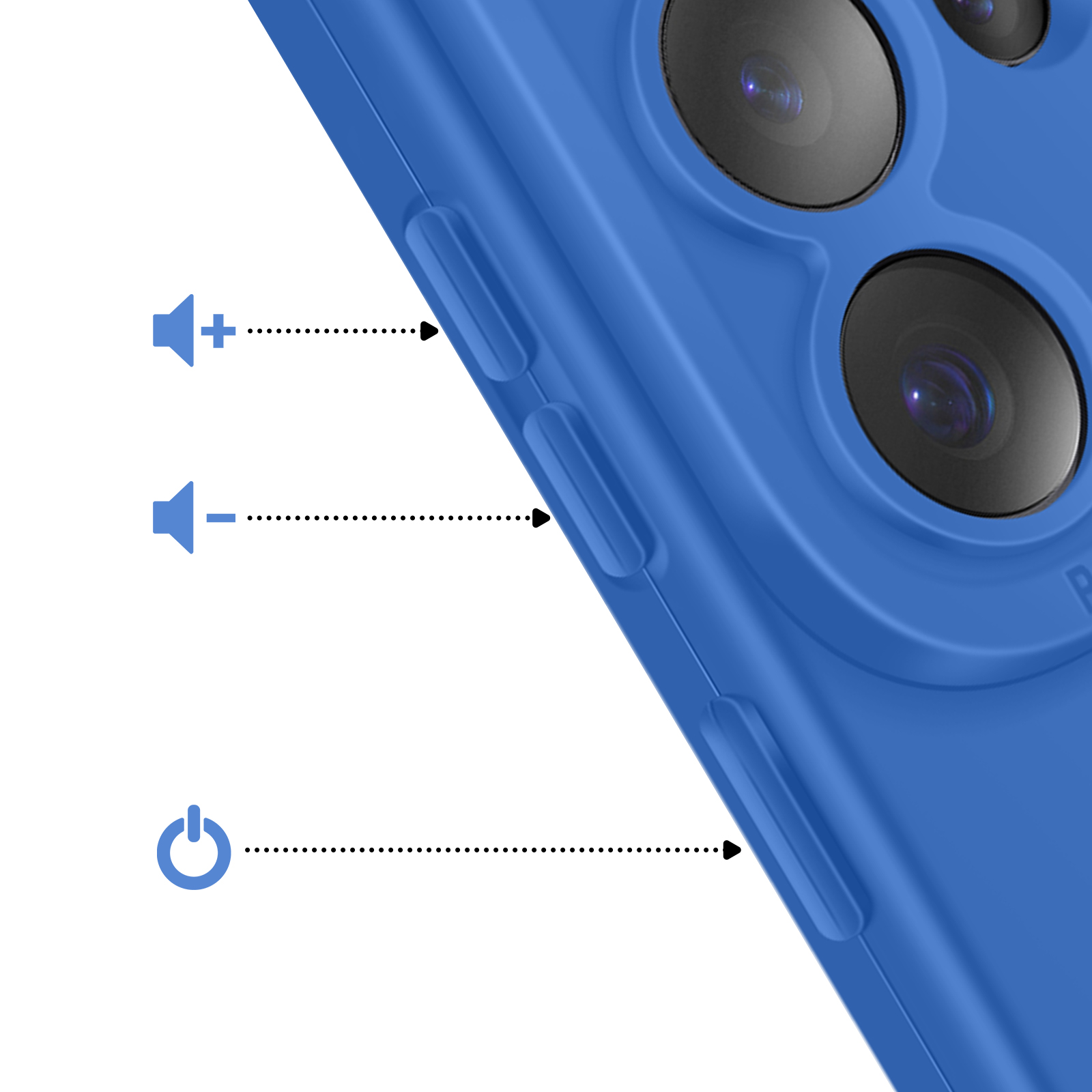 Blauwe telefoonhoes met volume- en aan/uitknoppen. Camerlenzen zichtbaar.