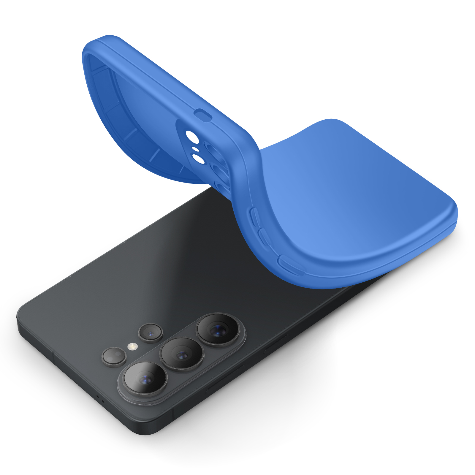 Blauw telefoonhoesje over een zwarte smartphone met drie cameralenzen.