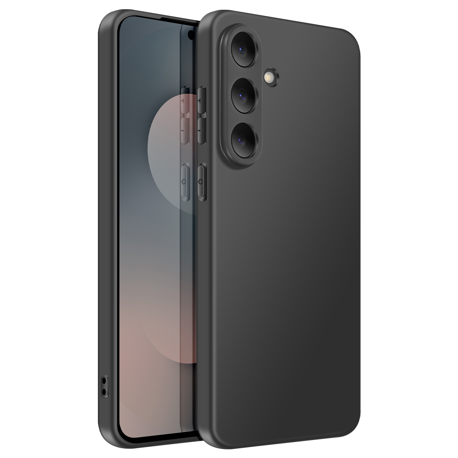 Smartphone nero con fotocamere e custodia su sfondo bianco.
