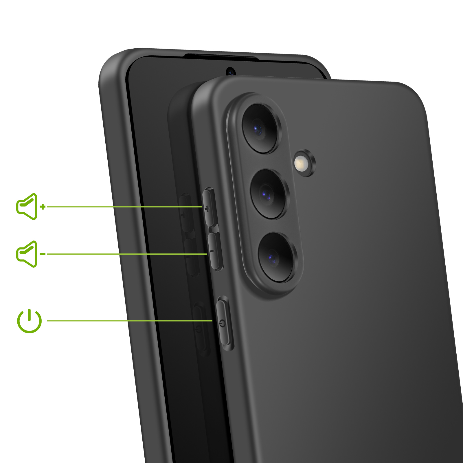 Telefono cellulare nero con tripla fotocamera, tasti volume e tasto di accensione.