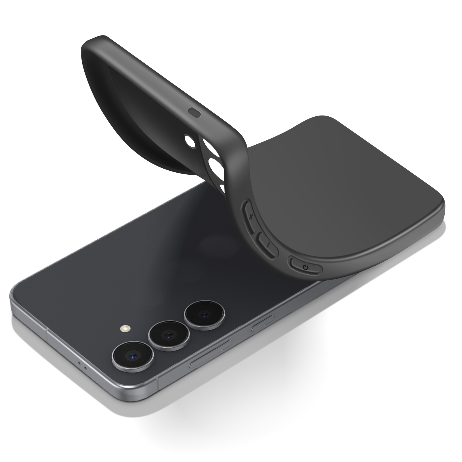Uno smartphone nero con tre fotocamere, parzialmente coperto da una custodia nera.