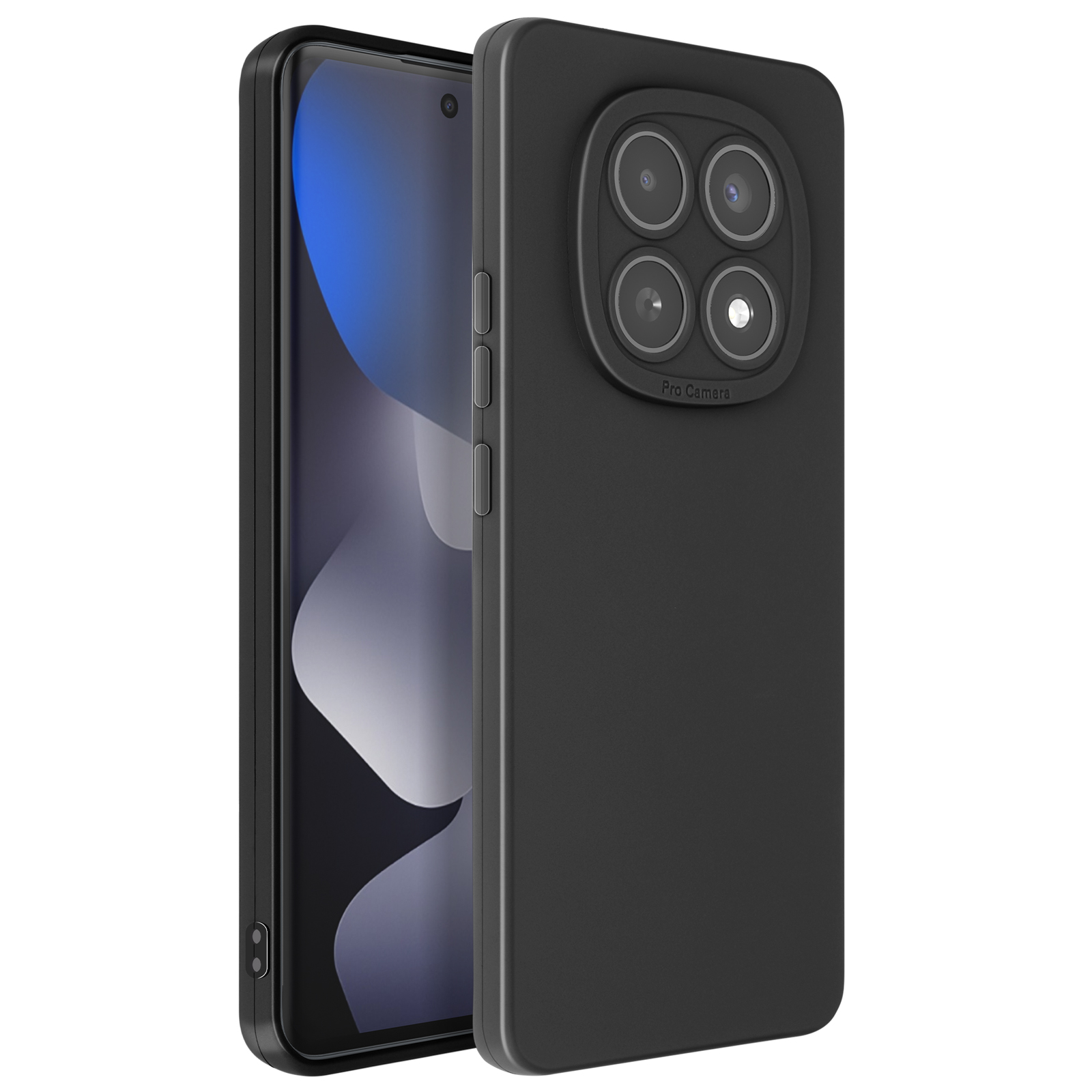 Zwarte smartphone met vier camera's en 'Pro Camera'-tekst.