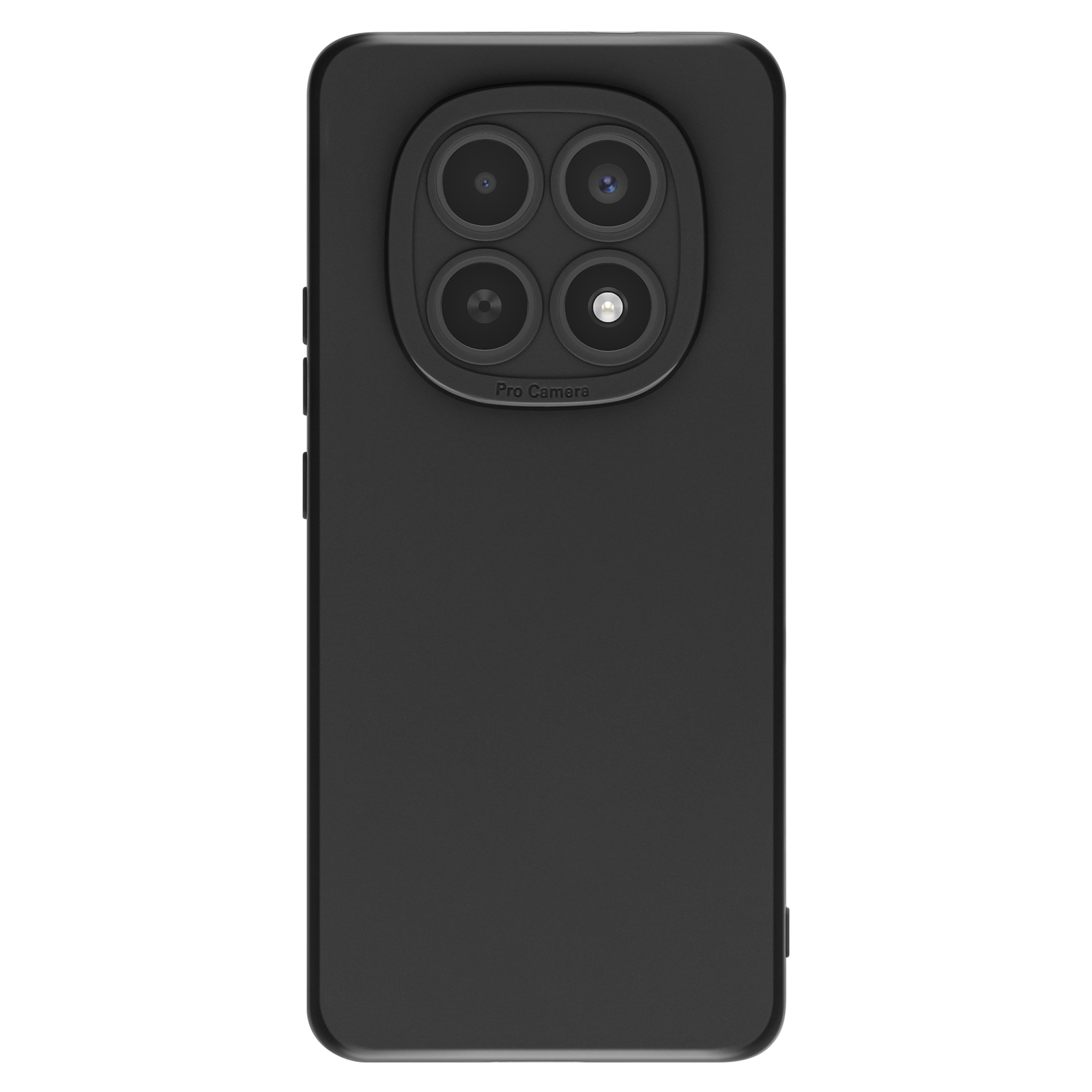 Zwarte smartphone met 'Pro Camera'-tekst en vier lenzen aan de achterkant.