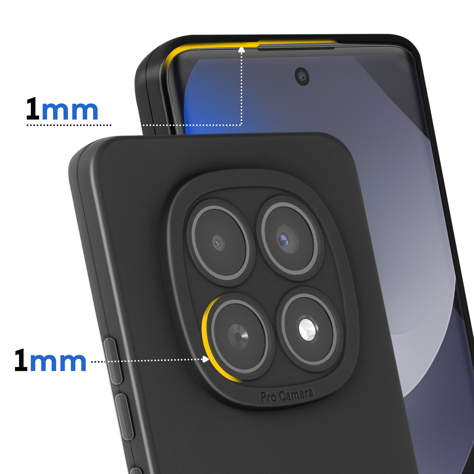 Een zwarte telefoonhoes met een 1 mm verhoogde rand rond de camera en het scherm.