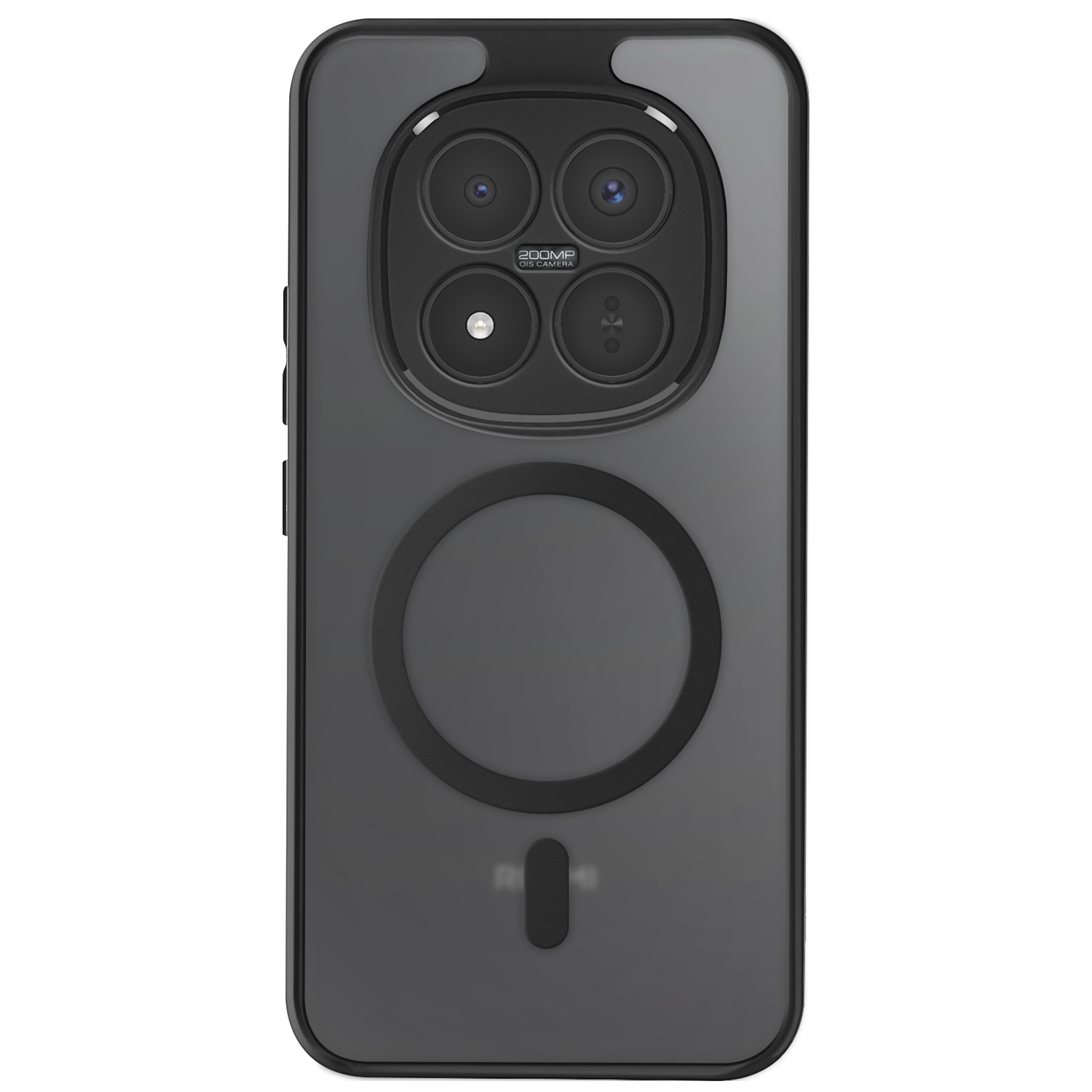 Custodia nera per telefono con quattro obiettivi e anello magnetico.