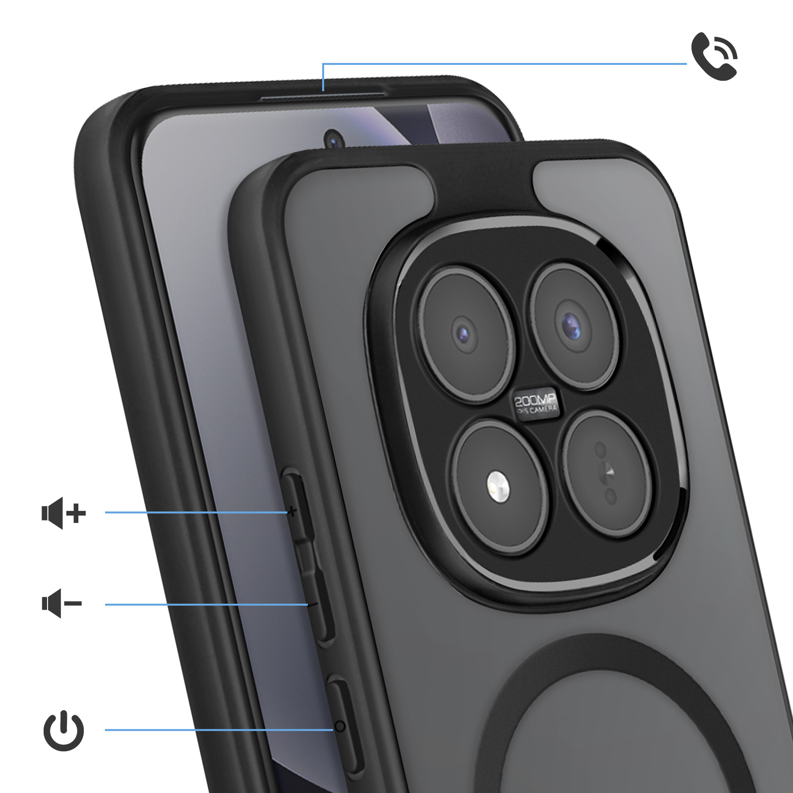 Retro di uno smartphone nero con tre fotocamere e pulsanti di controllo.