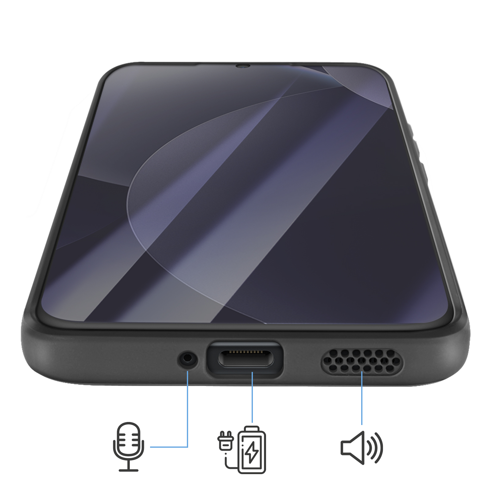 Primo piano di uno smartphone nero che mostra porte e icone per microfono, ricarica e altoparlante.
