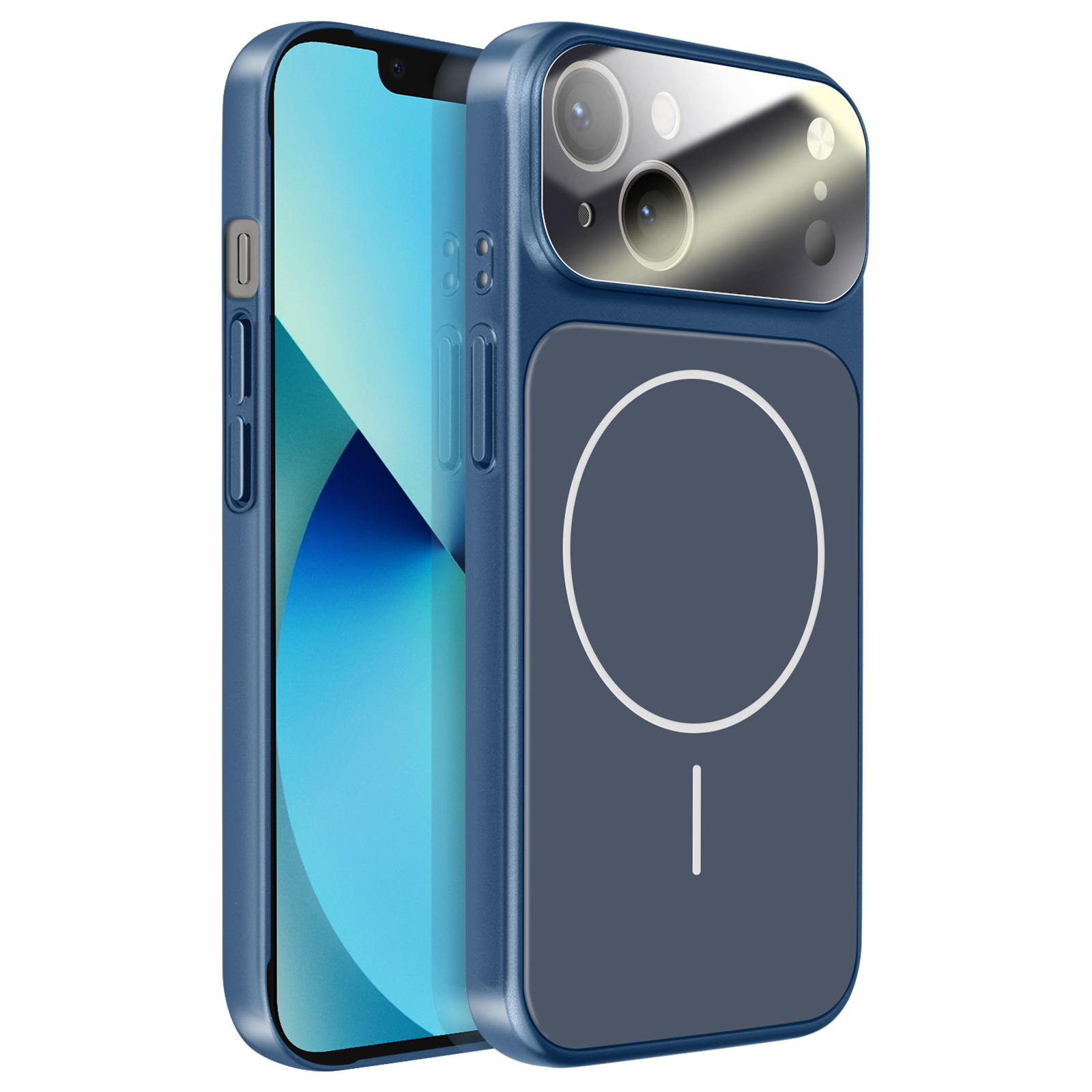 Téléphone bleu foncé avec objectifs photo et cercle de charge au dos.