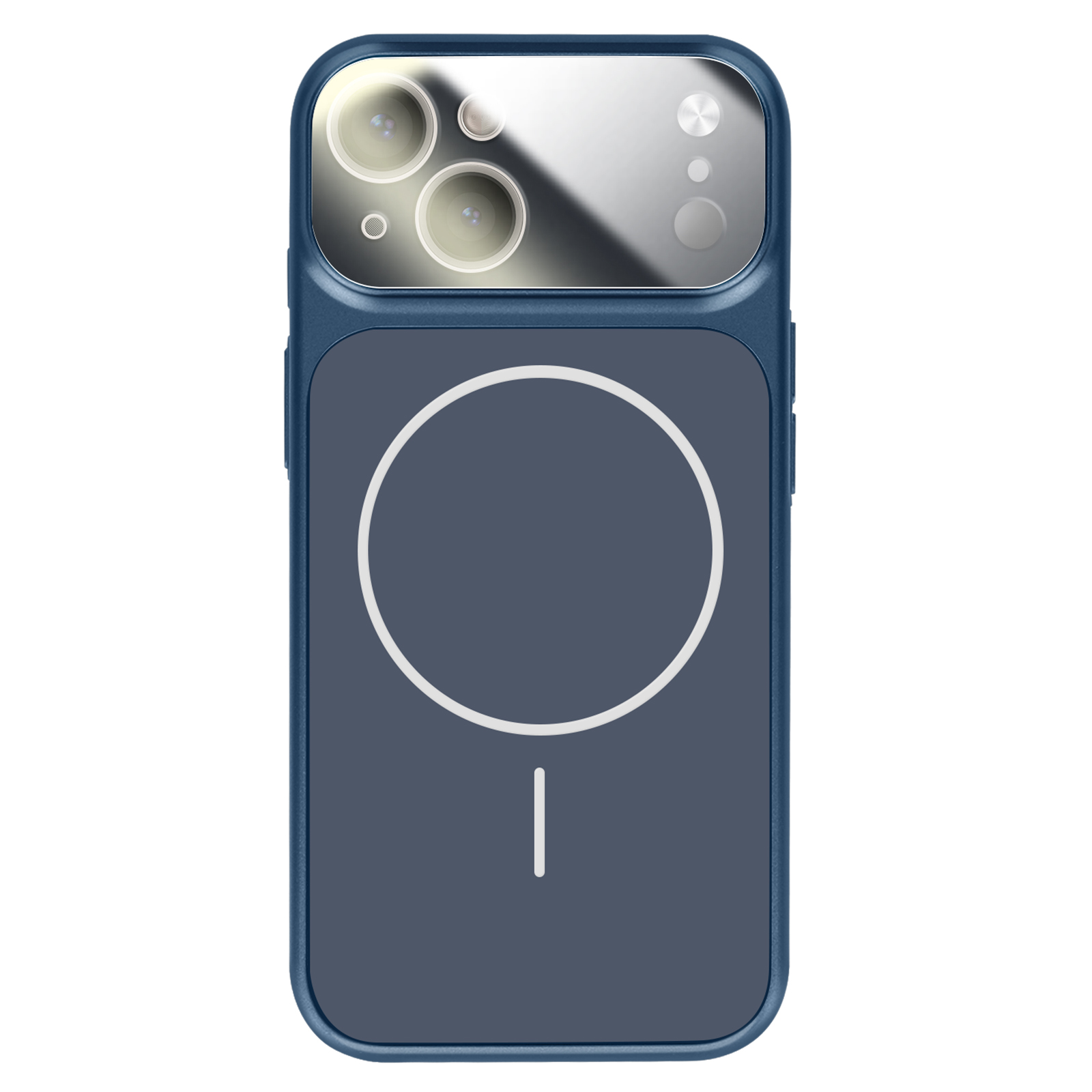 Coque de téléphone bleu foncé avec trois objectifs et un motif circulaire.