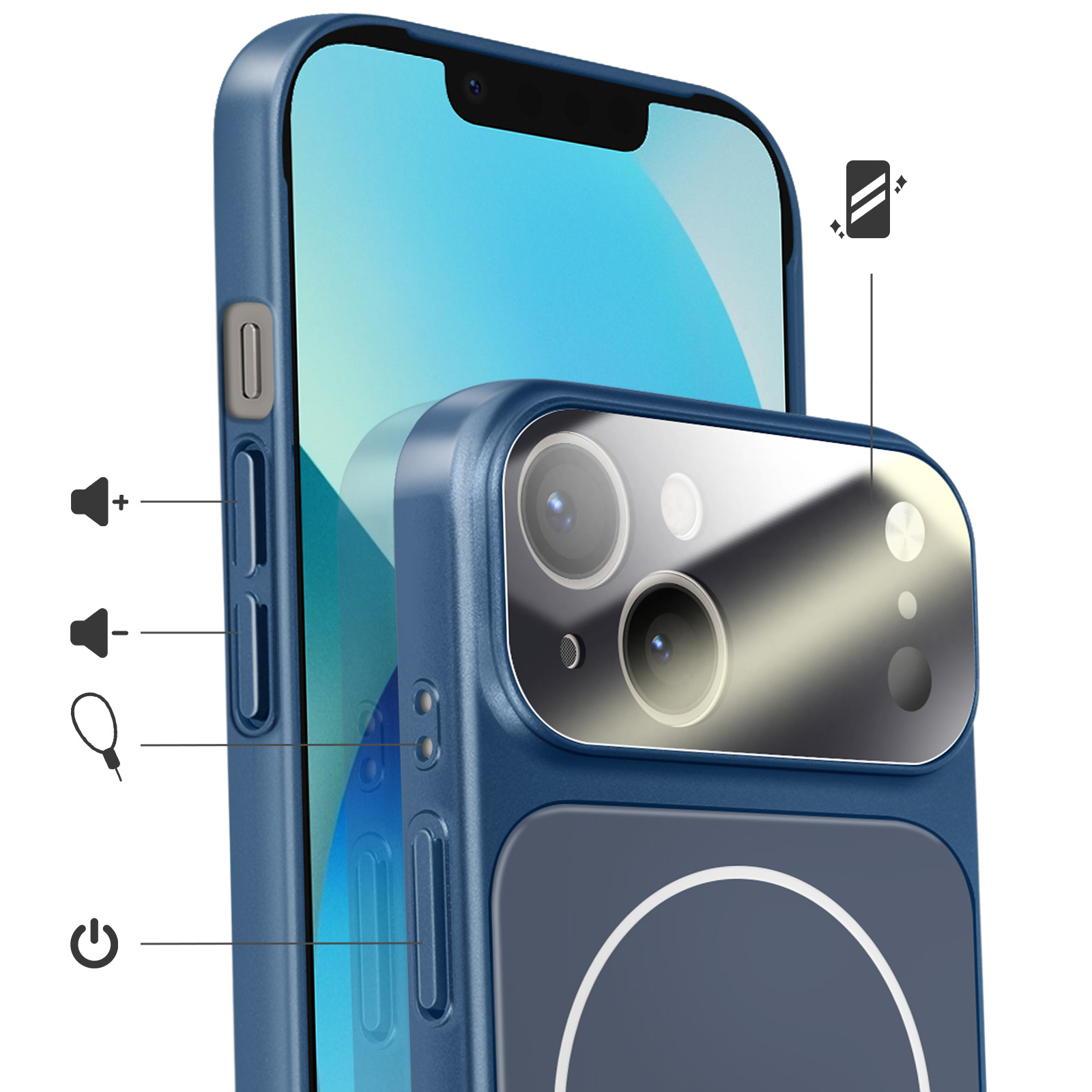 Un smartphone bleu avec trois caméras, avec des icônes de volume et d'alimentation.