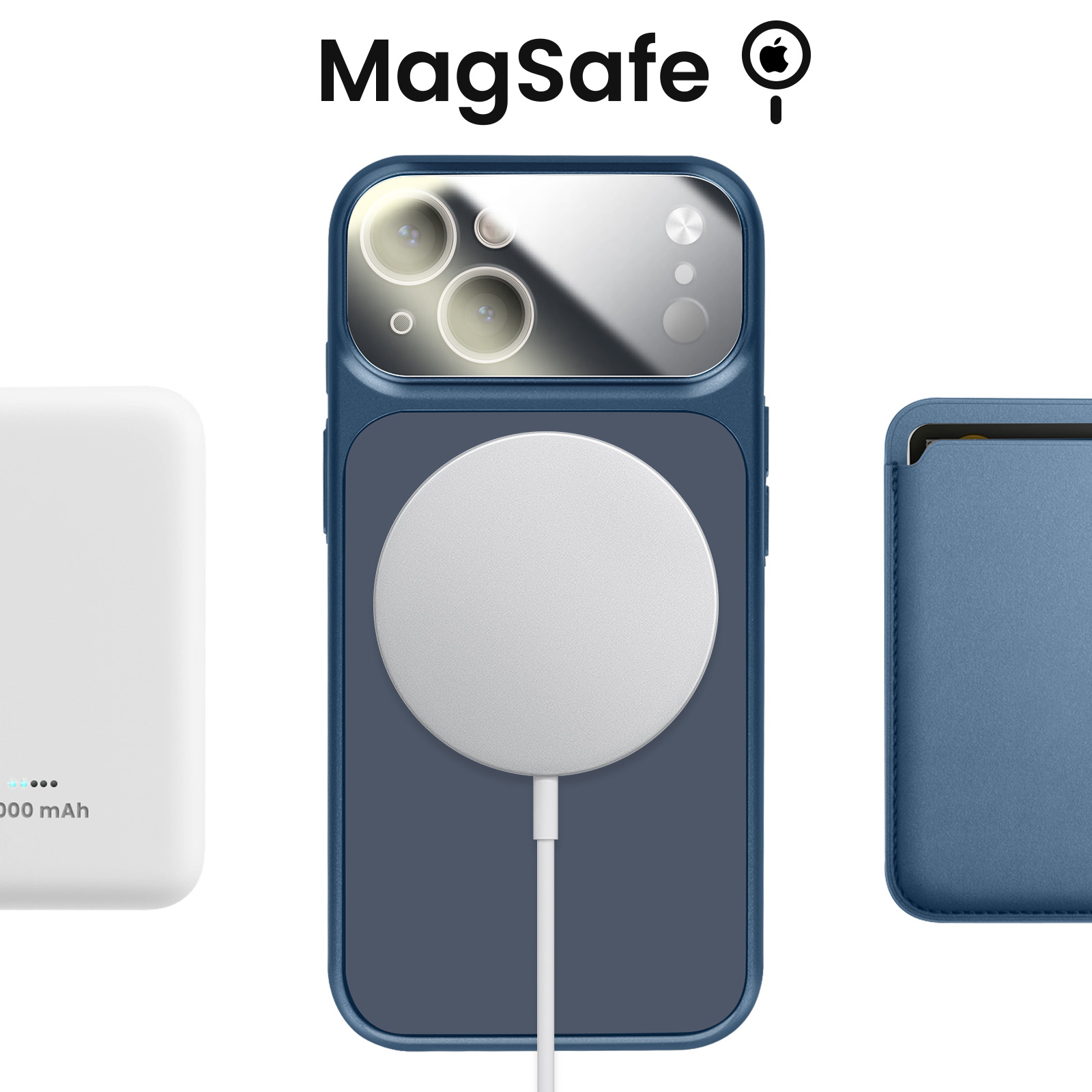 Trois accessoires iPhone : batterie externe blanche, iPhone bleu avec chargeur MagSafe, étui carte bleu.