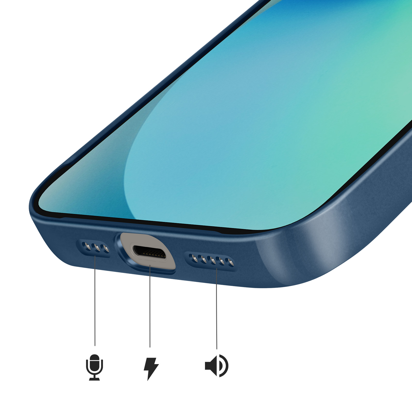 Le bas d'un smartphone bleu montrant le port de charge, le microphone et le haut-parleur.