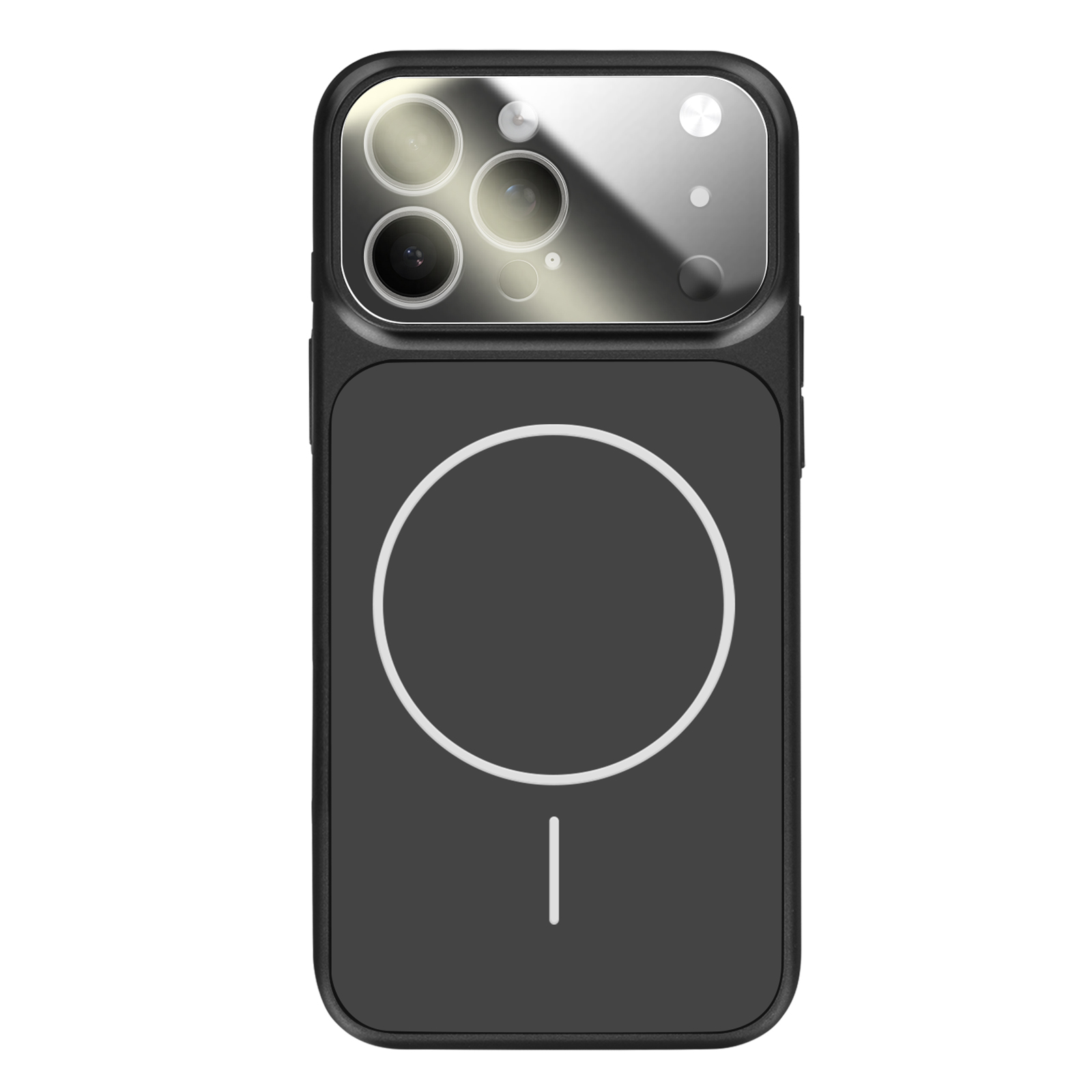 Zwarte telefoonhoes met drie cameralenzen en een witte cirkel.