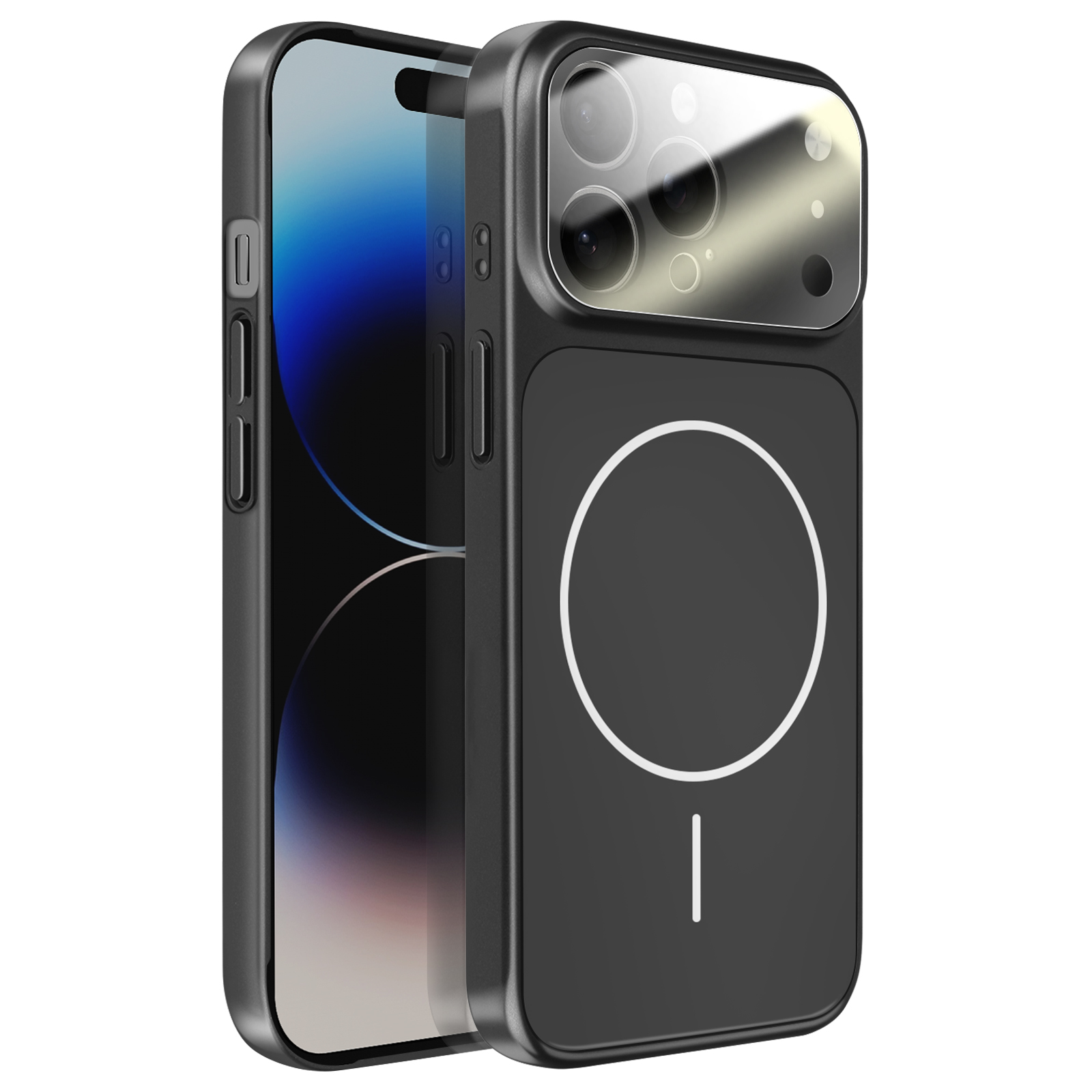 Zwarte telefoonhoes met MagSafe-cirkel en cameralenzen op witte achtergrond.