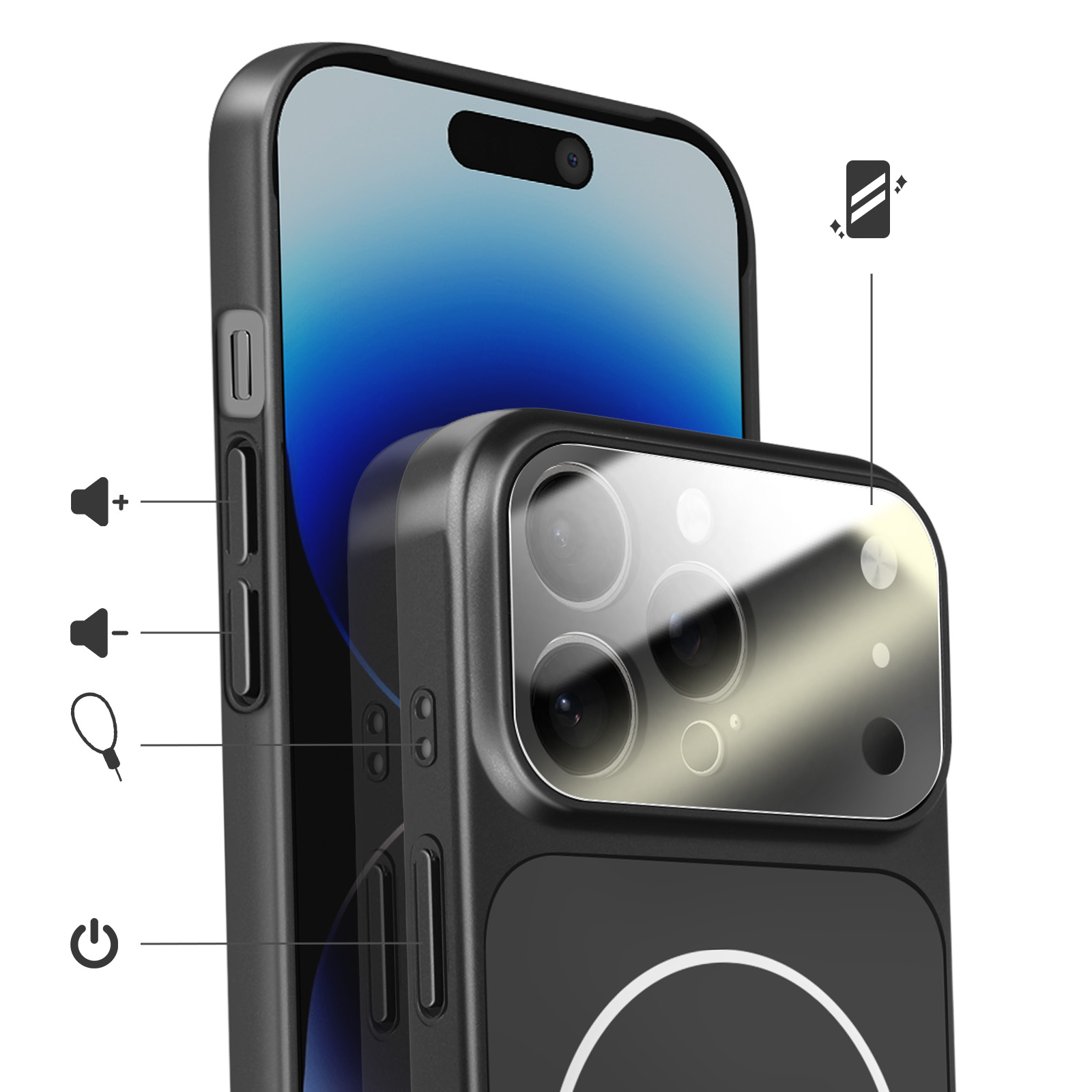 Zwarte smartphone met camera en volumeknoppen. Iconen ernaast.