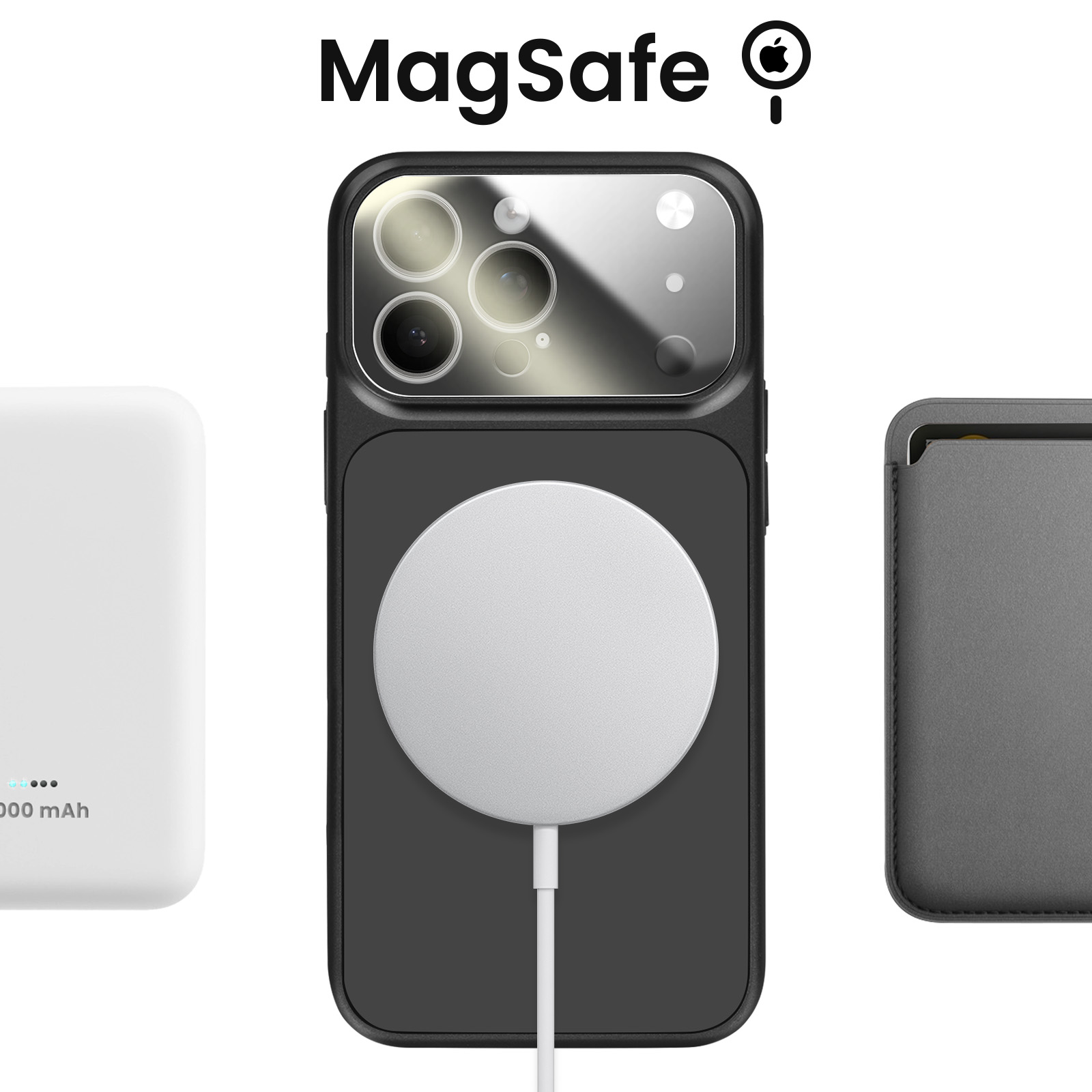 Drie iPhone-accessoires: witte powerbank, zwart MagSafe-oplaadstation, grijze portemonnee.
