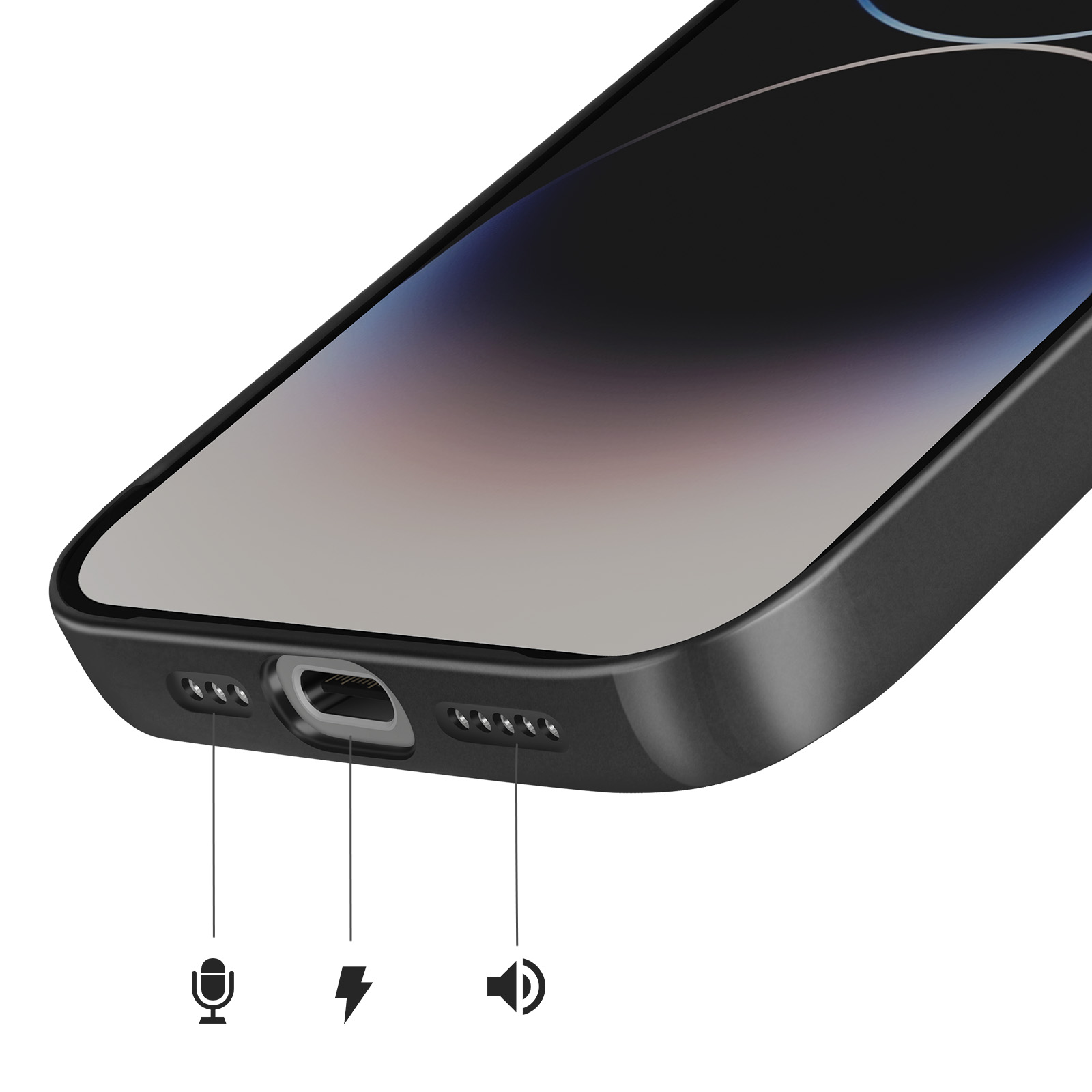 Close-up van een zwarte smartphonehoes met oplaadpoort, microfoon- en luidsprekerpictogrammen.