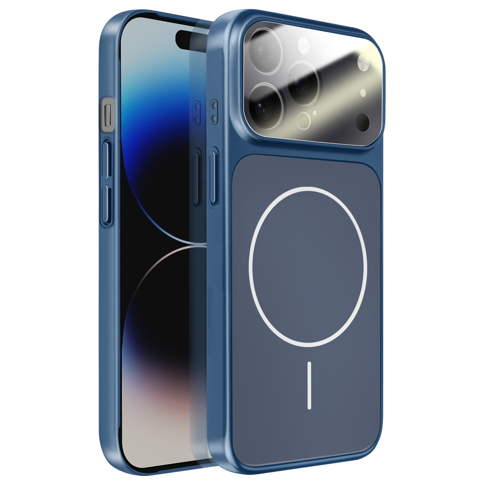 Donkerblauwe telefoonhoes met cameralensbescherming en magneetring.