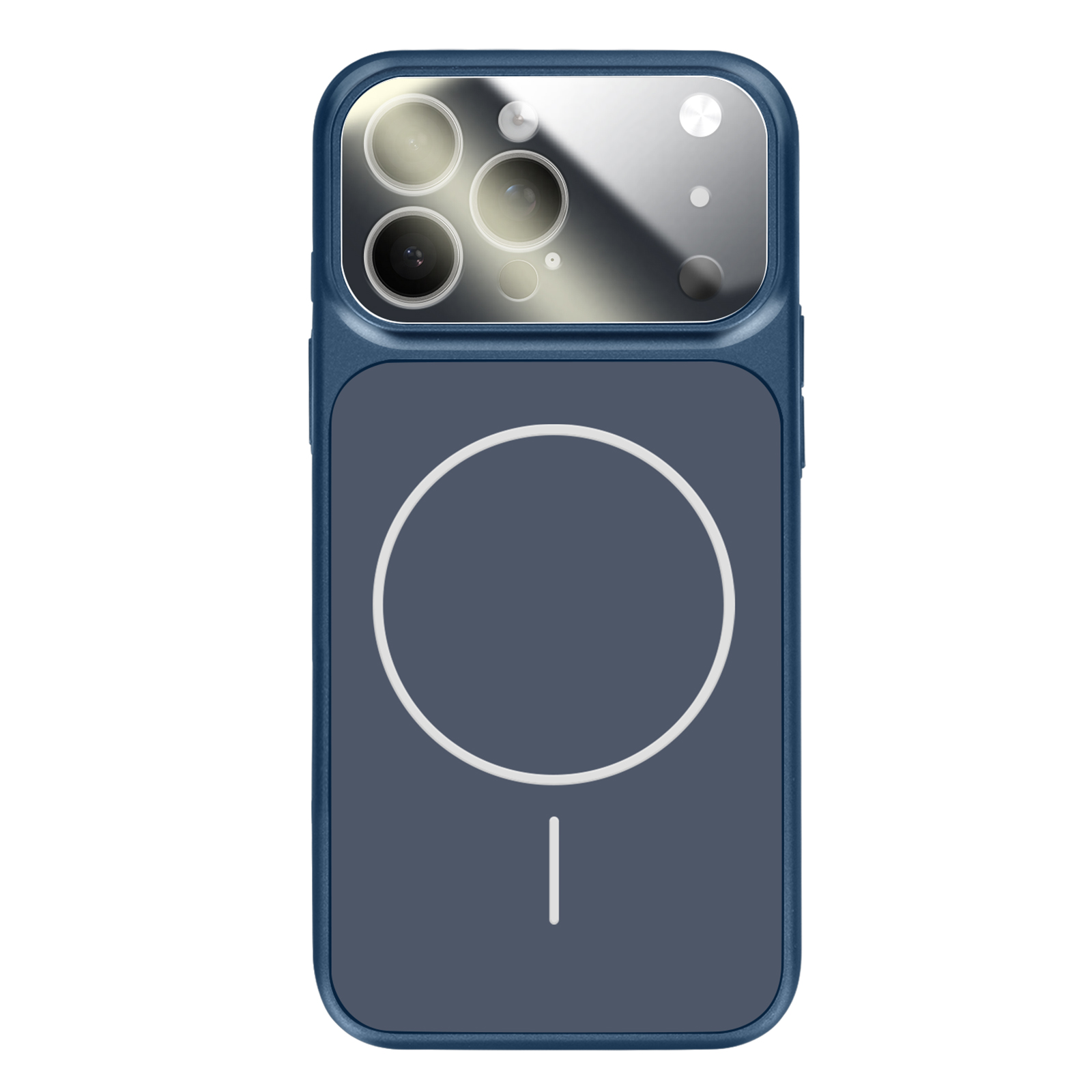 Donkerblauwe telefoonhoes met camera-array en cirkelsymbool.