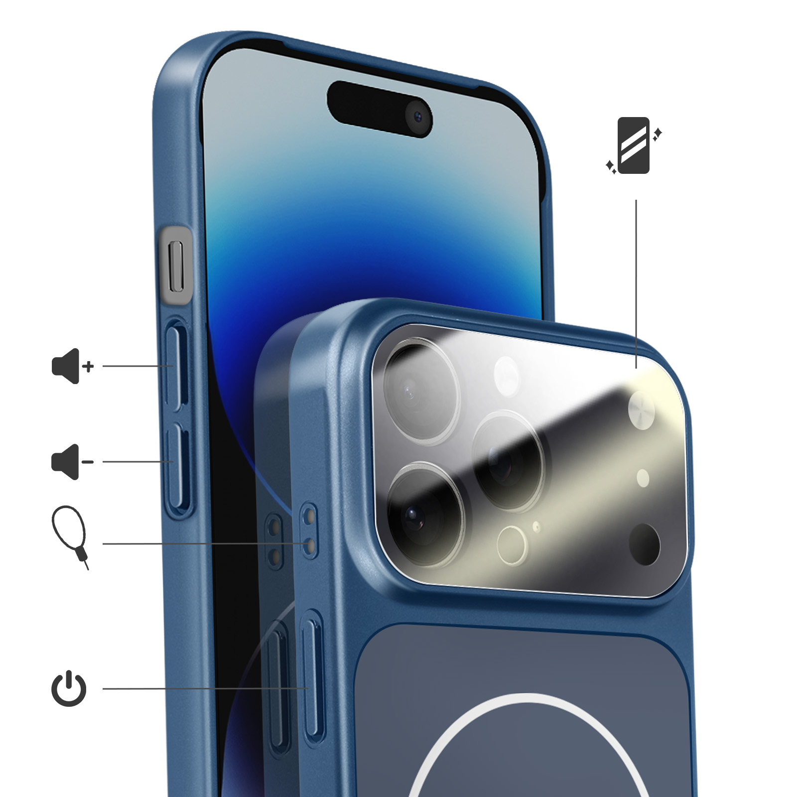 Een blauwe telefoon met een drievoudig camerasysteem en bedieningsknoppen.