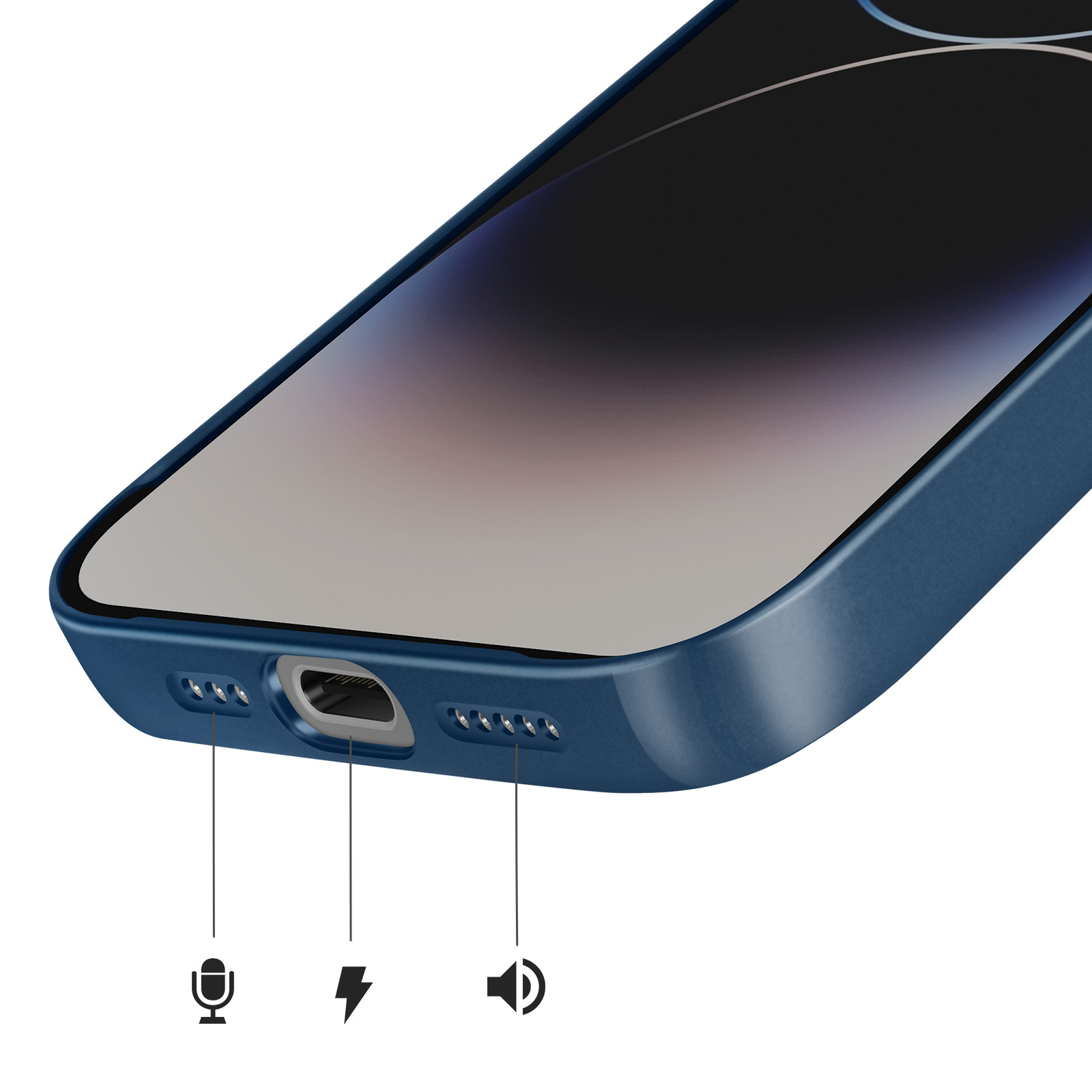 Detail blauwe telefoonhoes met microfoon-, laad- en luidsprekerpictogrammen.