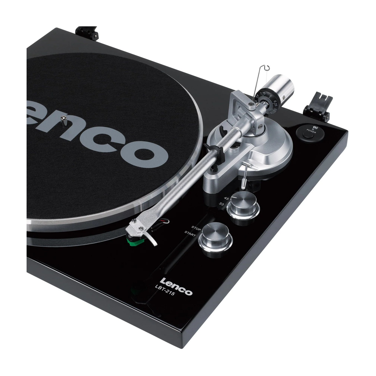 Ein schwarzer Lenco LBT-215 Plattenspieler mit silbernem Tonarm, Geschwindigkeitsreglern und Power-Knopf.