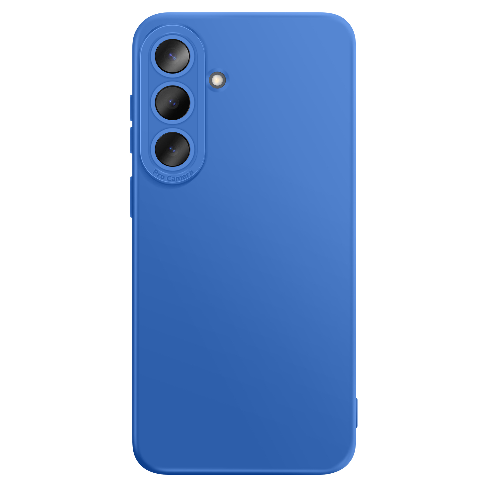 Une coque de téléphone bleue avec trois objectifs et un flash.