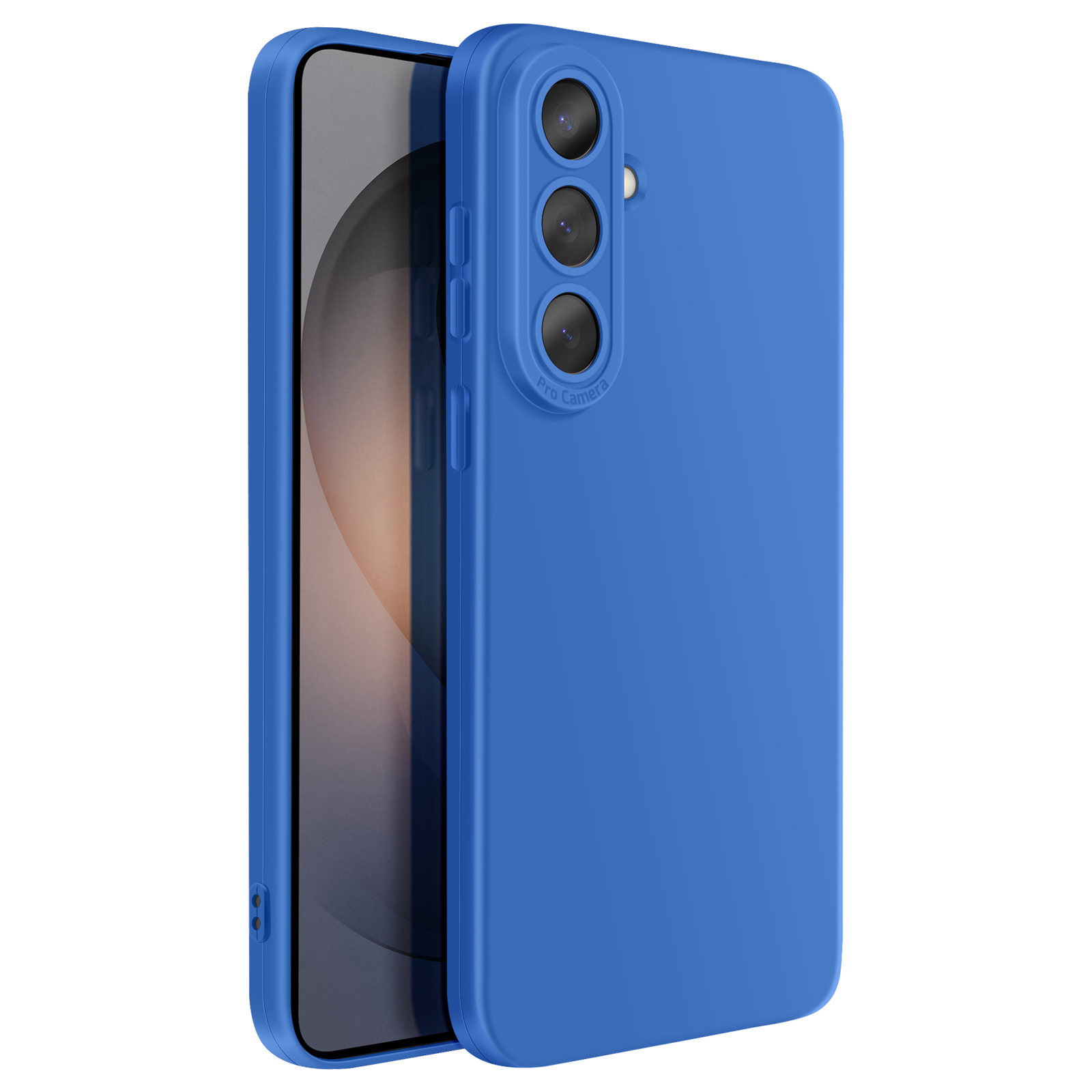Téléphone bleu avec triple appareil photo et écran supplémentaire.