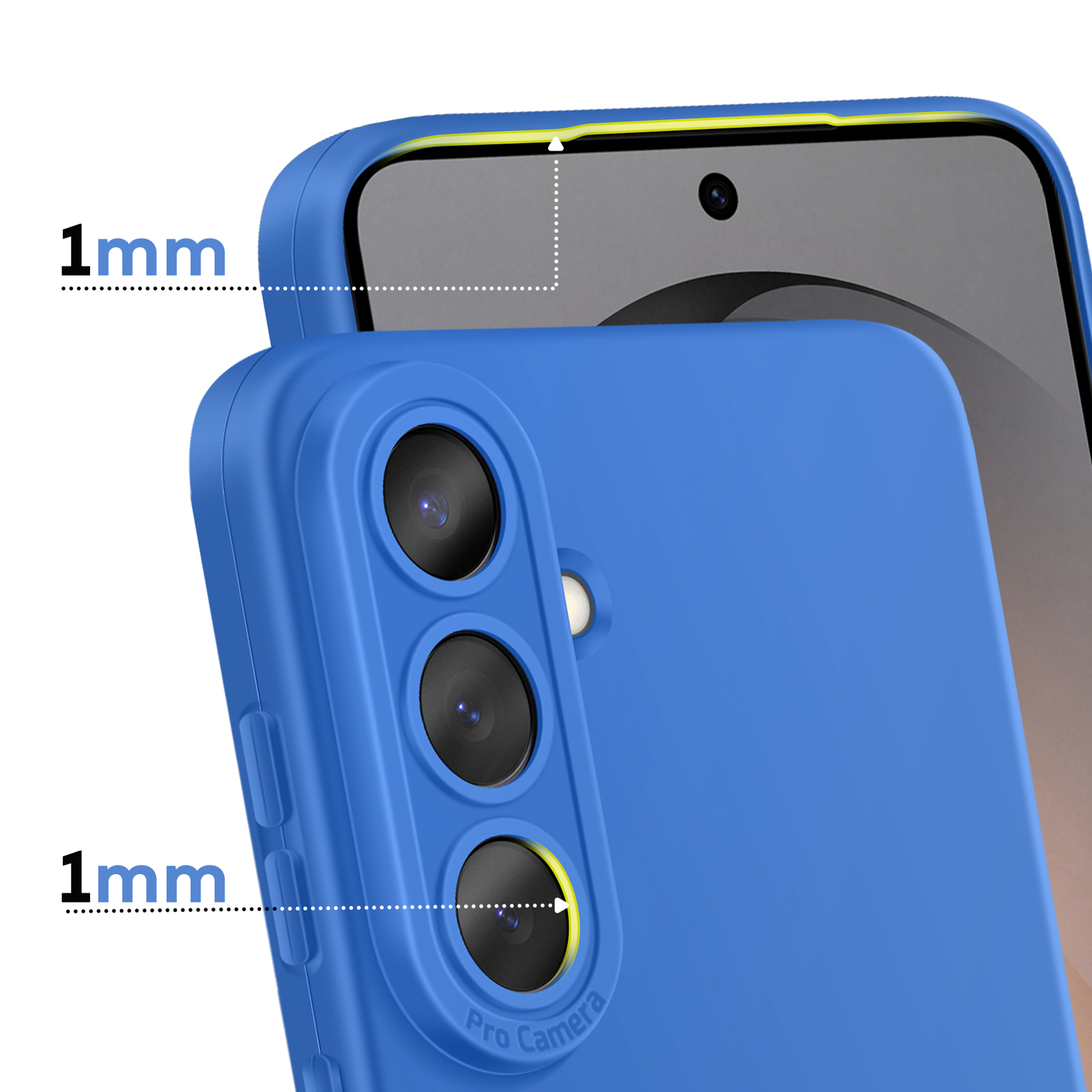 Coque de téléphone bleue avec bords surélevés de 1 mm, triple caméra et texte.